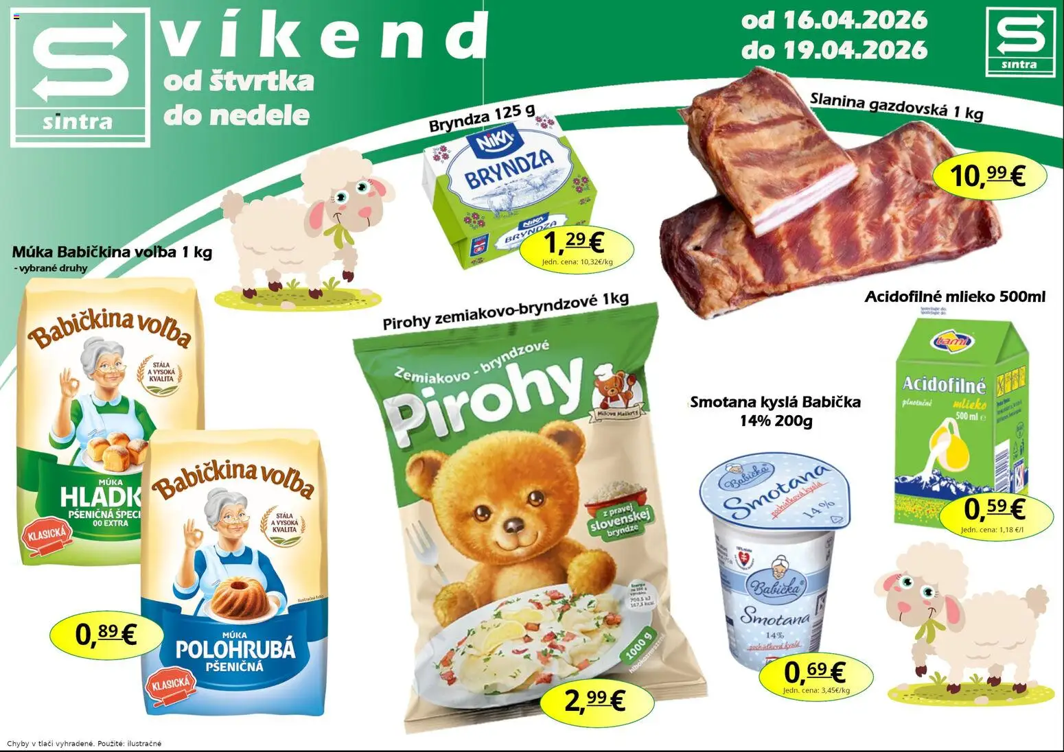 Nové Sintra akcie – leták je platný od 16.04.2026 | Strana: 1 | Produkty: Mlieko, Pirohy, Slanina, Smotana