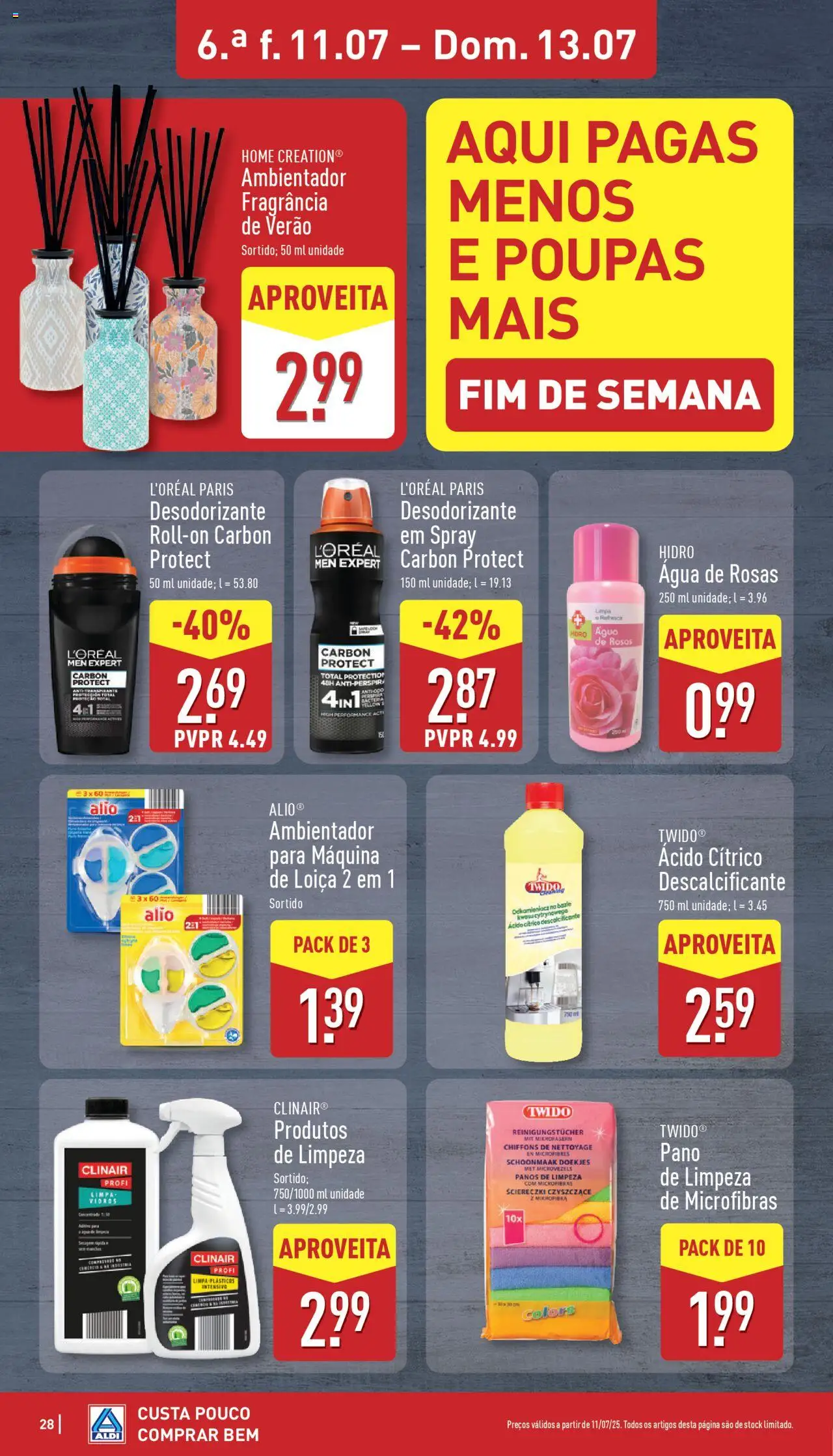 Aldi folheto │ válido de 07.07.2025 | Página: 28 | Produtos: Agua, Fragrância, Desodorizante, Panos de limpeza