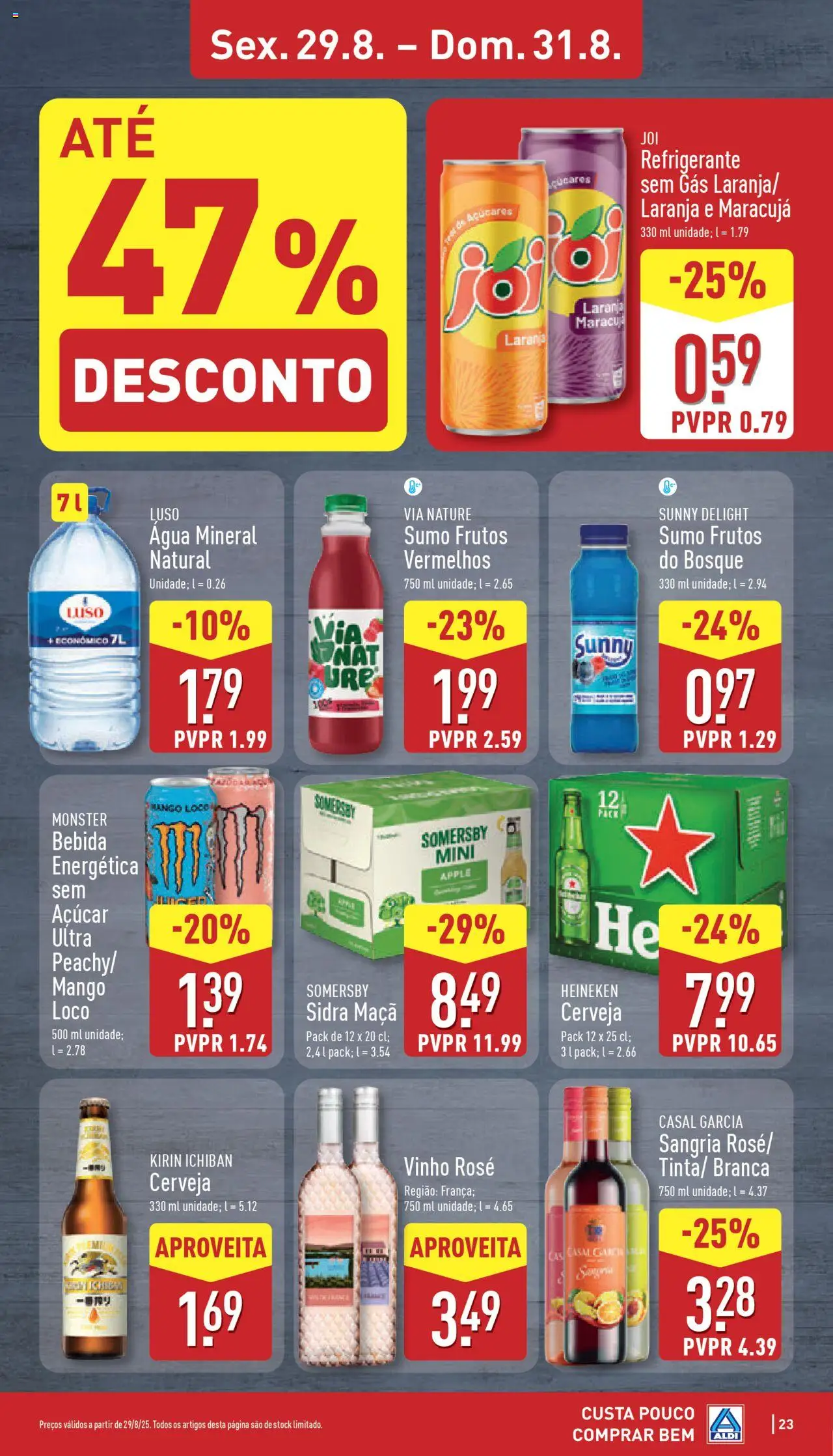 Aldi folheto │ válido de 25.08.2025 | Página: 23 | Produtos: Maça, Vinho, Água mineral, Bebida