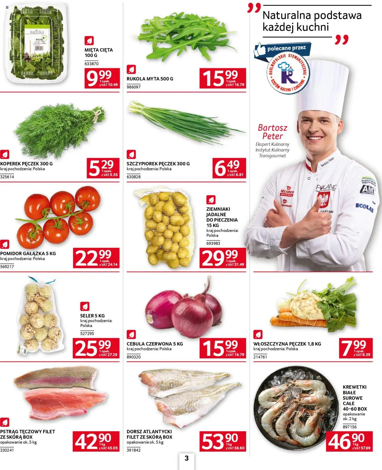 Selgros cash&carry Gazetka - Oferta dla gastronomii od 14.08.2025 | Strona: 3 | Produkty: Krewetki, Dorsz, Rukola, Ziemniaki