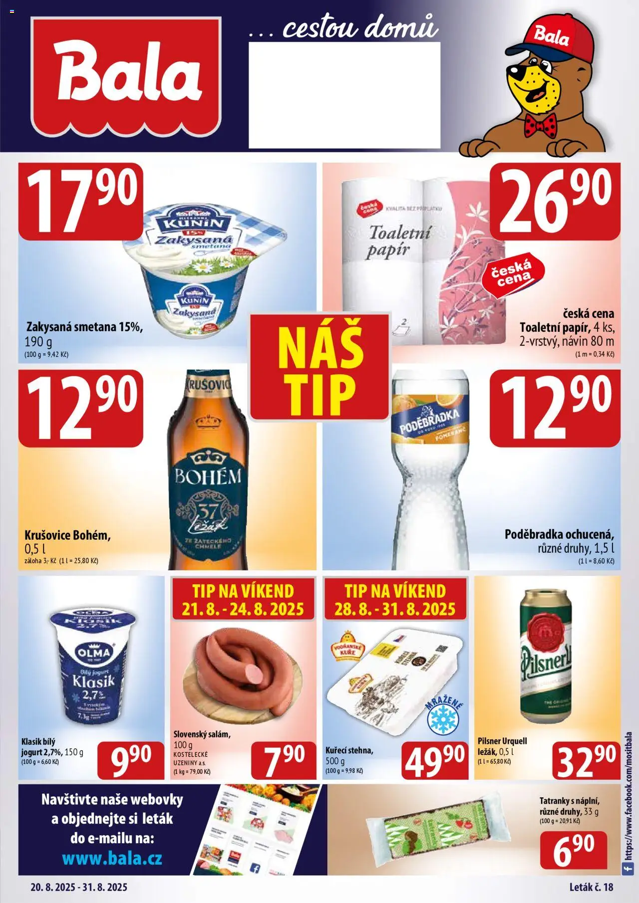 BALA velký leták od 20.08.2025 | Strana: 1 | Produkty: Jogurt, Pilsner, Pilsner Urquell, Bílý jogurt