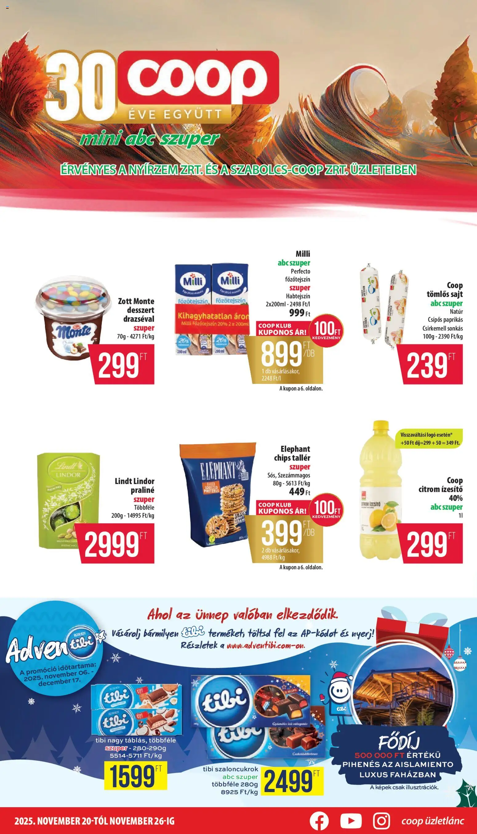 COOP akciós ujság - amely érvényes a következő dátumtól: 20.11.2025 | Oldal: 1 | Termékek: Habtejszín, Chips, Főzőtejszín, Csirkemell