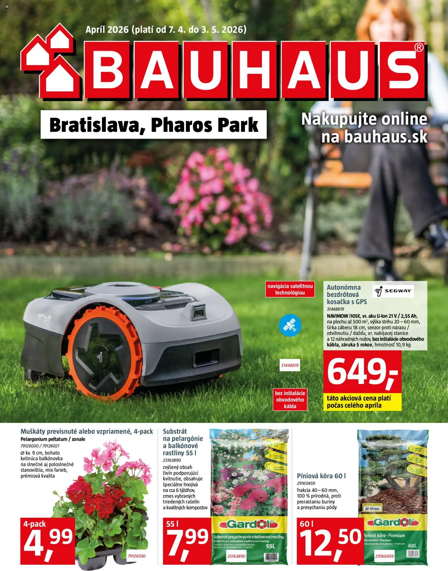 Nové Bauhaus akcie – leták je platný od 07.04.2026 | Strana: 1 | Produkty: Gps, Kosačka, Aku, Substrát