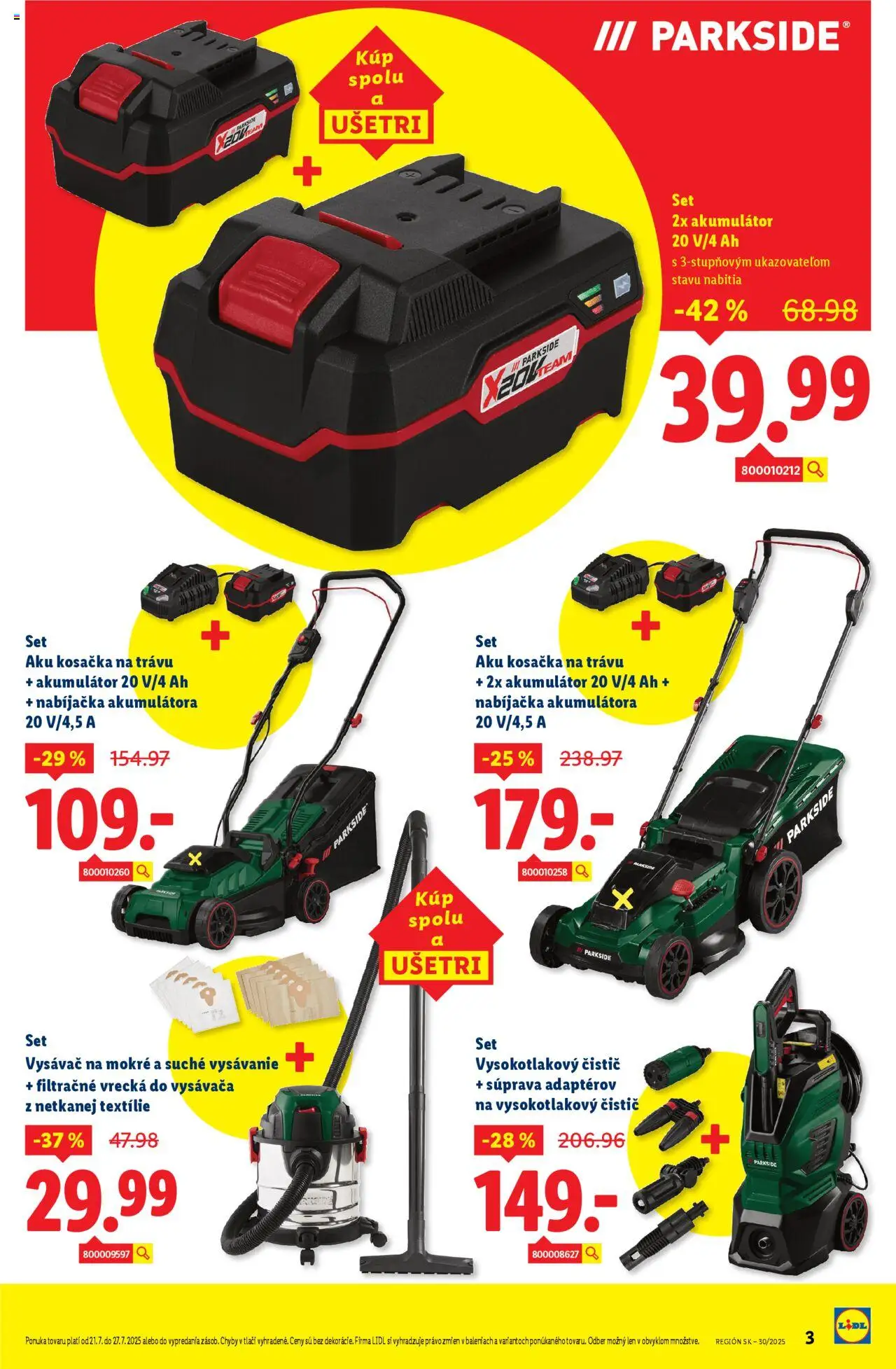 Lidl online magazín │ platný od 21.07.2025 | Strana: 3 | Produkty: Aku kosačka, Kosačka, Nabíjačka, Aku