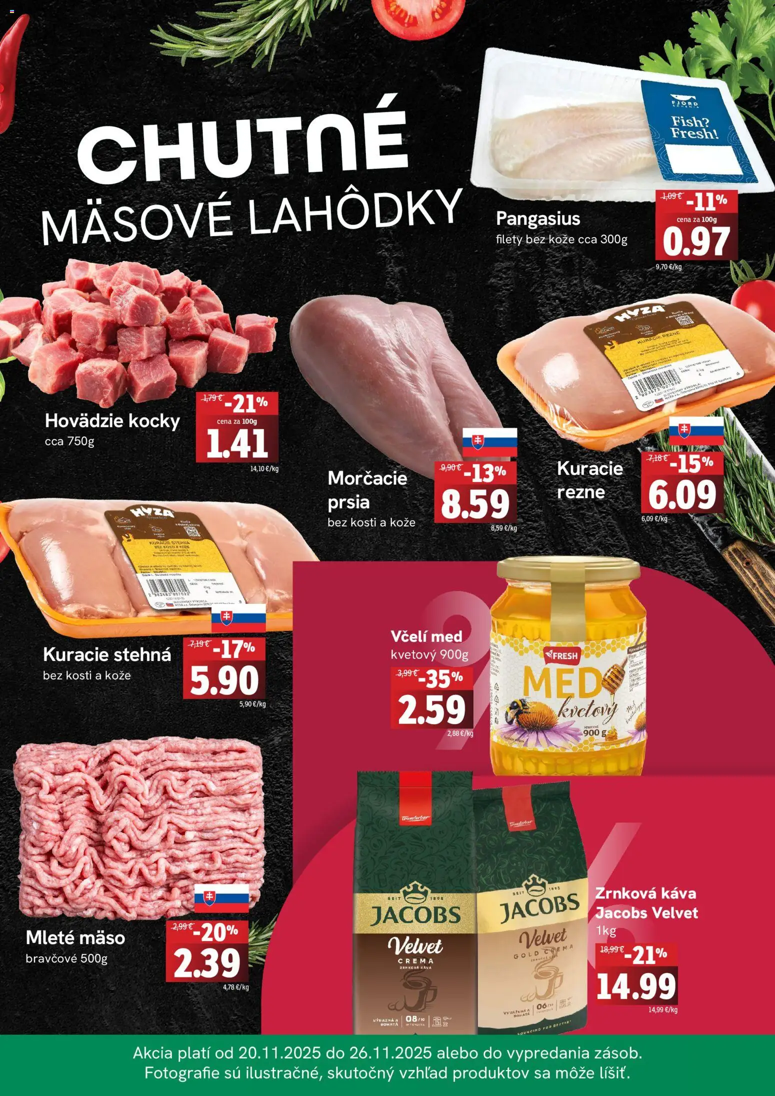 Nové Fresh akcie – leták je platný od 20.11.2025 | Strana: 2 | Produkty: Jacobs Velvet, Kuracie stehná, Med, Zrnková káva