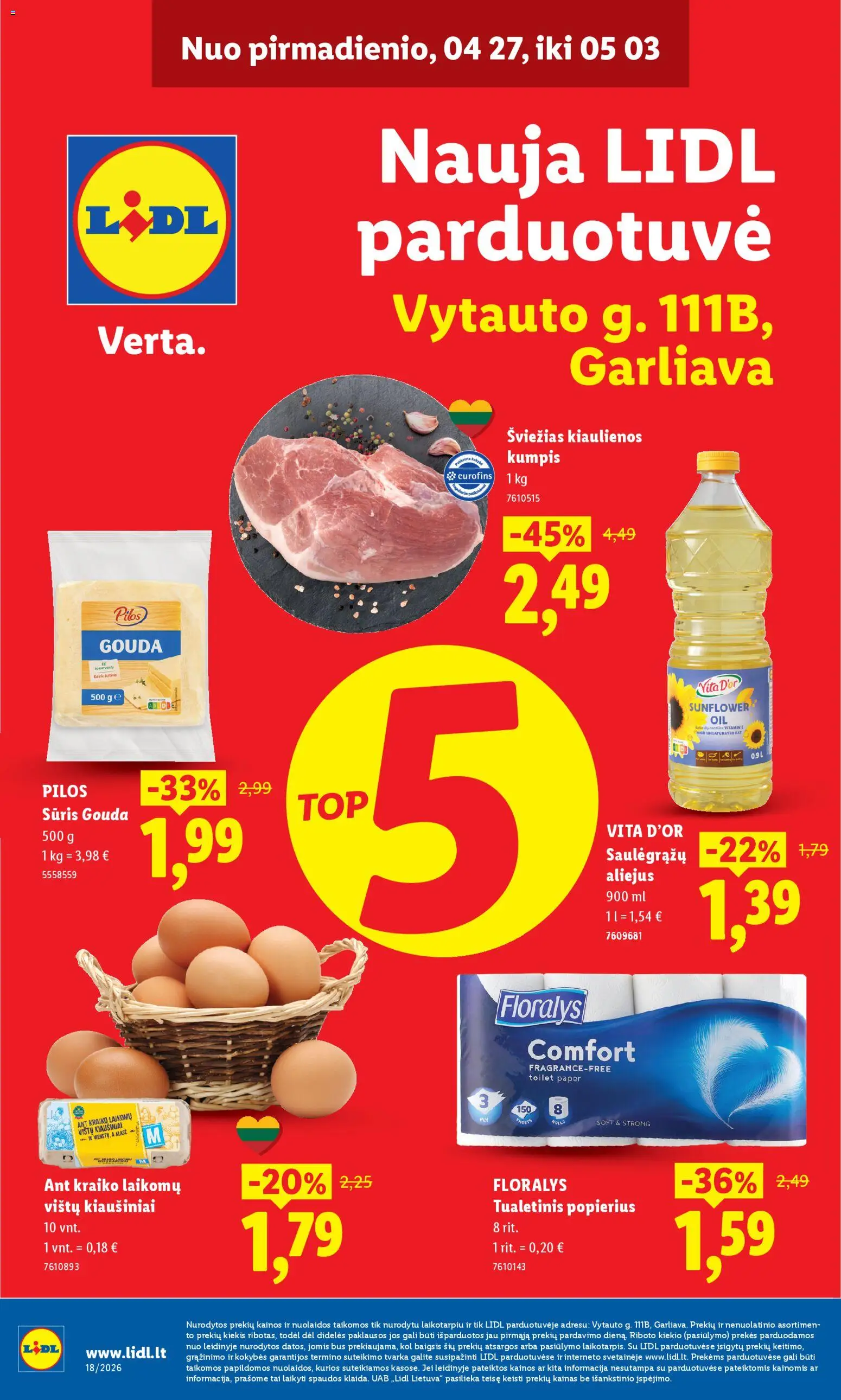 LIDL akcijos nuo 27.04.2026 | Puslapis: 1 | Prekių: Kiaulienos, Kiaušiniai, Sūris, Tualetinis popierius