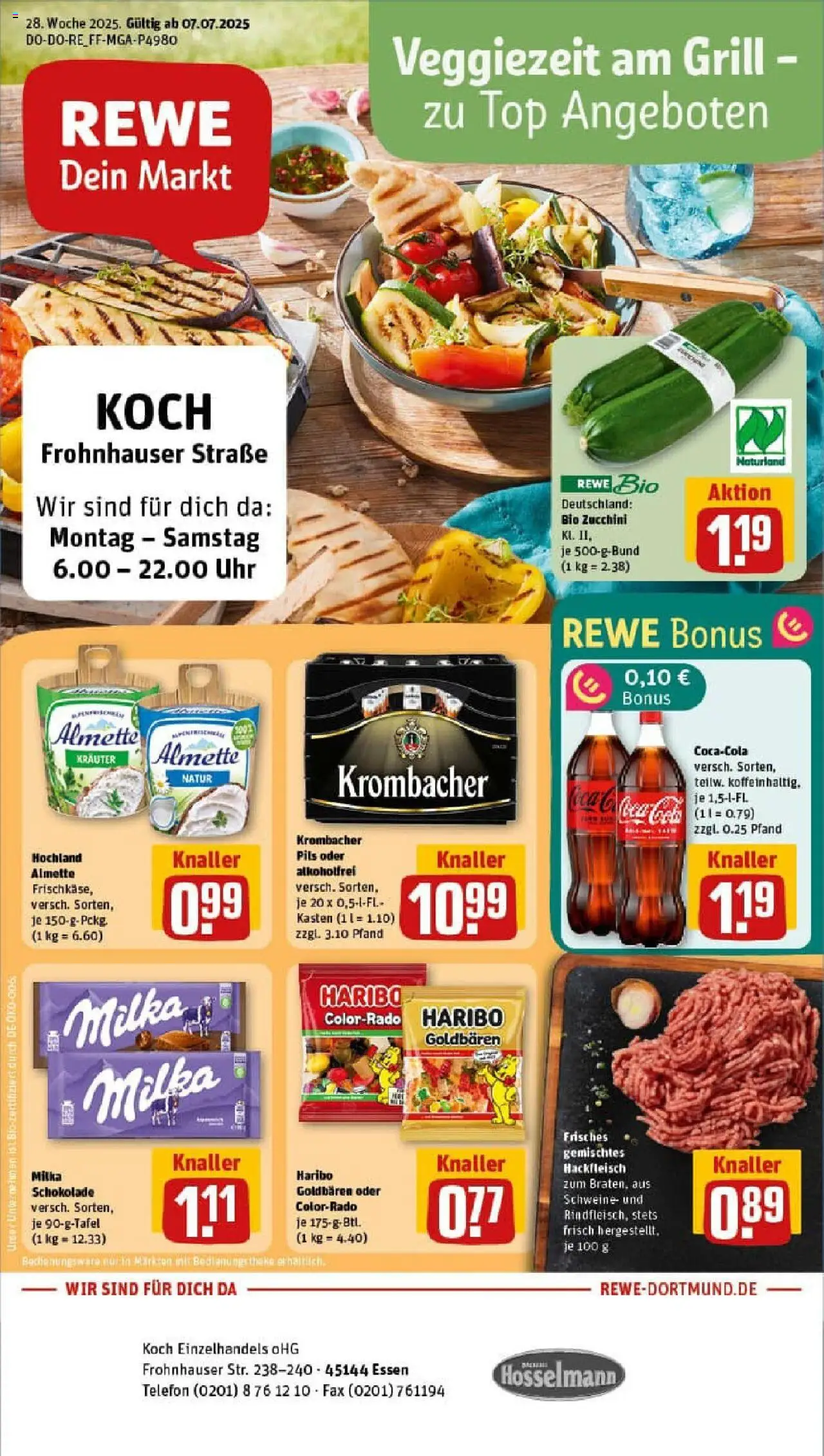 Rewe prospekt Essen	 - gültig ab dem 06.07.2025 | Seite: 1 | Produkte: Grill, Schokolade, Pils, Telefon