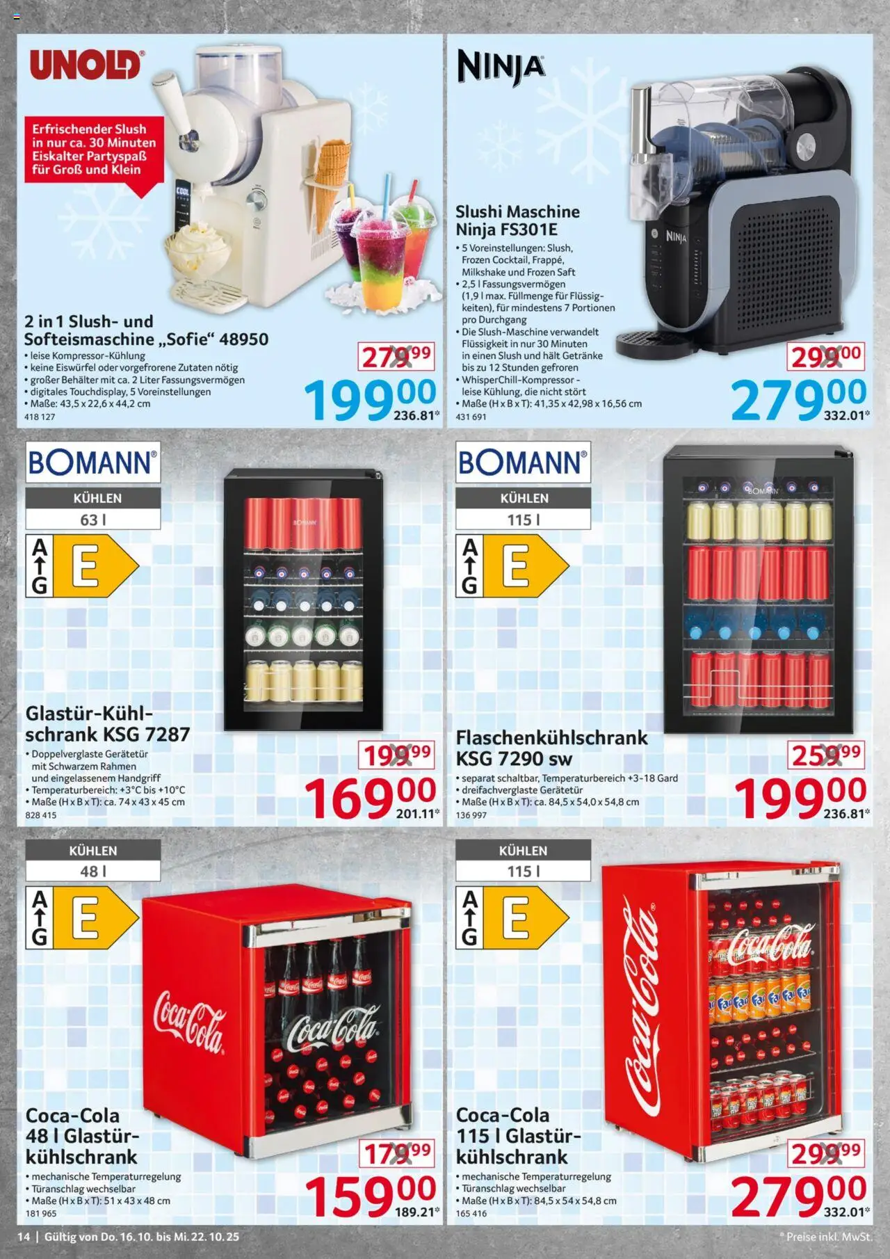 Selgros  Non Food – gültig ab 16.10.2025 | Seite: 14 | Produkte: Coca cola, Cola, Kühlschrank, Saft