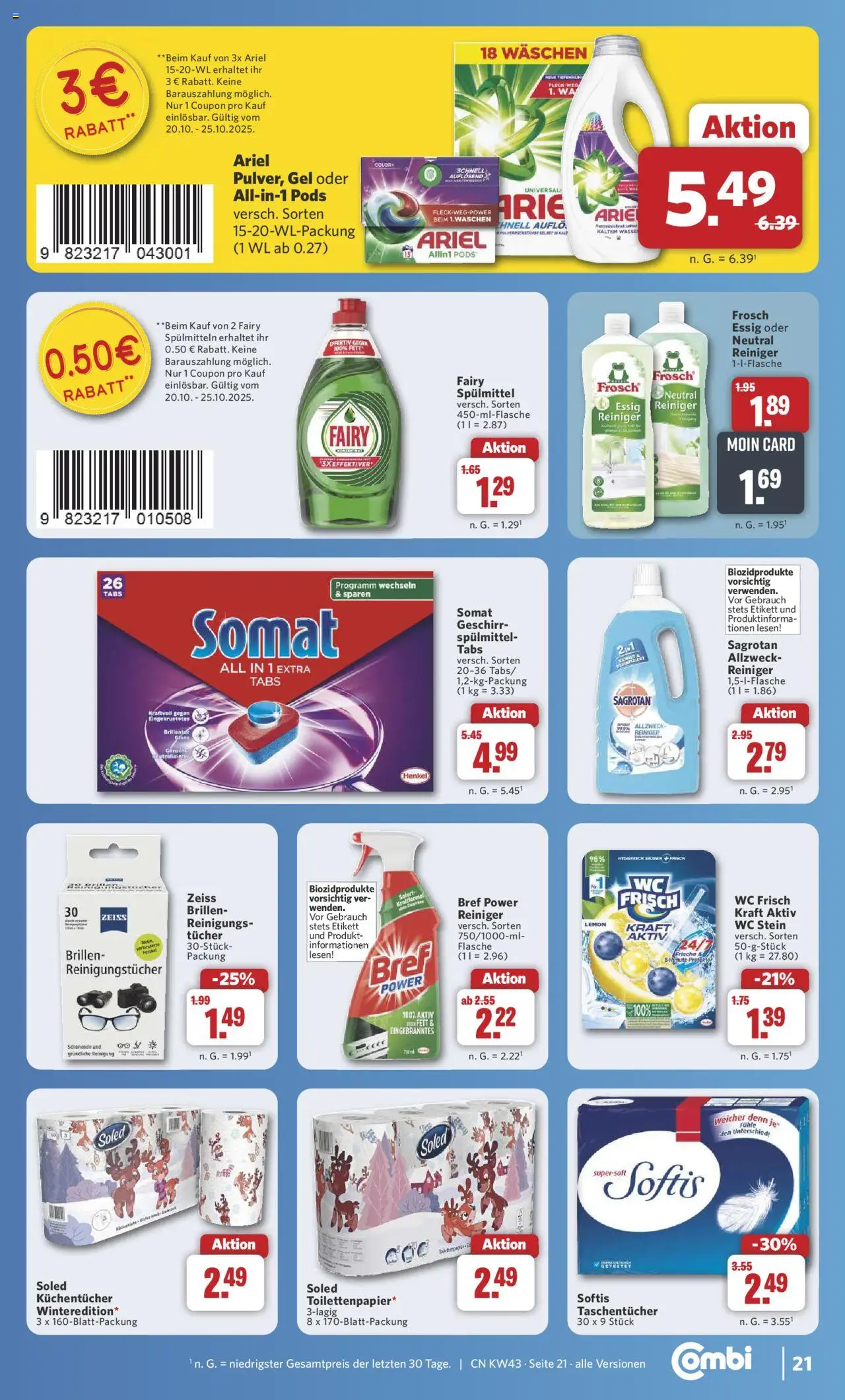 Combi Prospekt 	 – gültig ab 20.10.2025 | Seite: 27 | Produkte: Ariel, Wasser, Reinigungstücher, Wc frisch