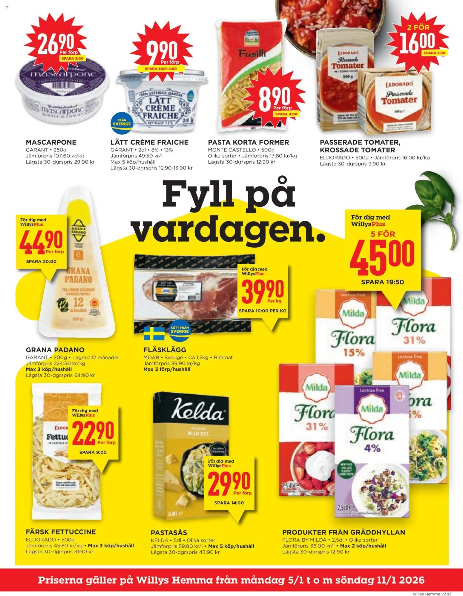 Willys reklamblad aktuell från 05.01.2026 | Sida: 3 | Produkter: Krossade tomater, Galler, Creme fraiche, Pasta