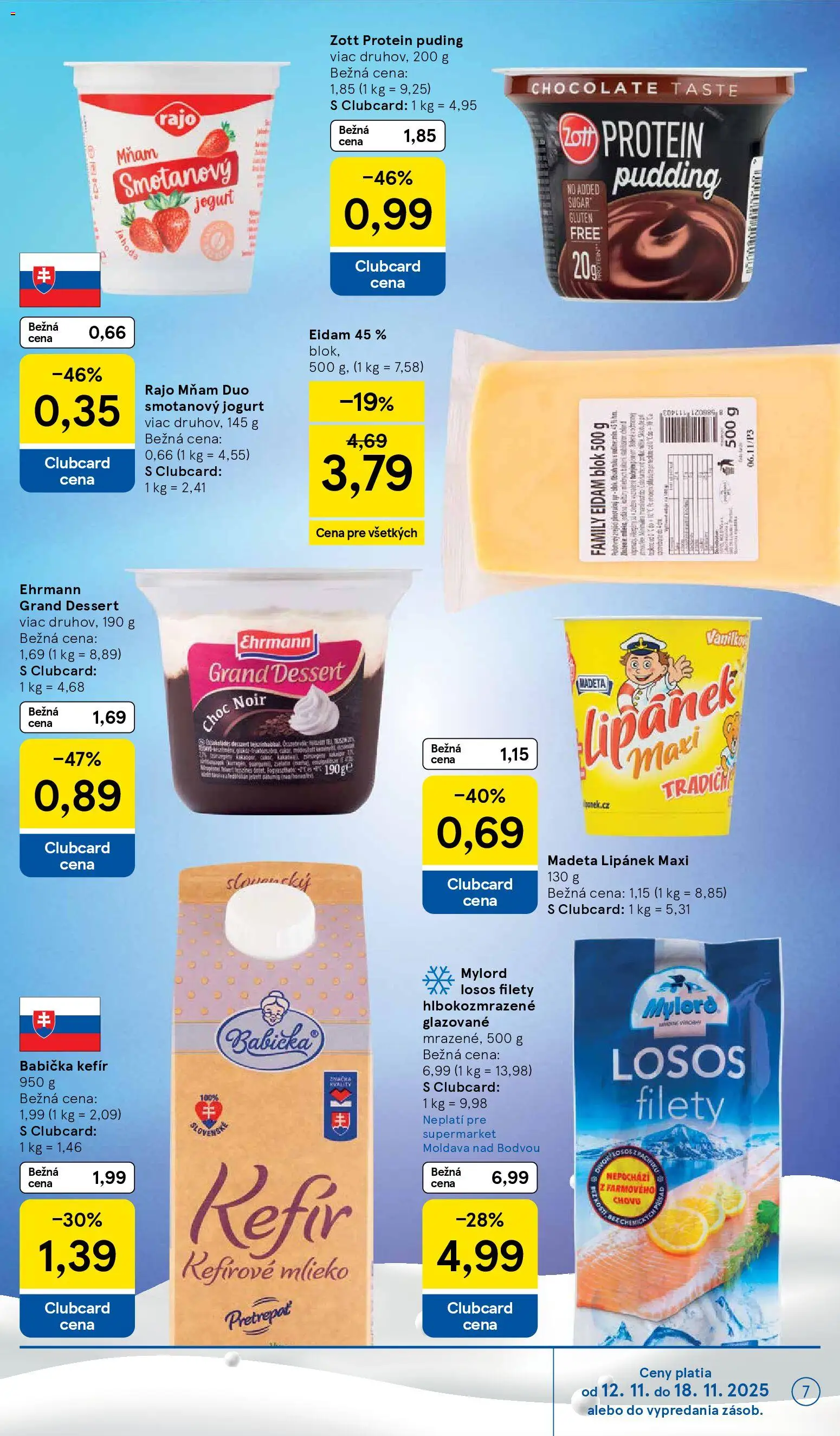 Nové Tesco akcie – leták je platný od 12.11.2025 | Strana: 7 | Produkty: Mlieko, Jogurt, Protein, Puding