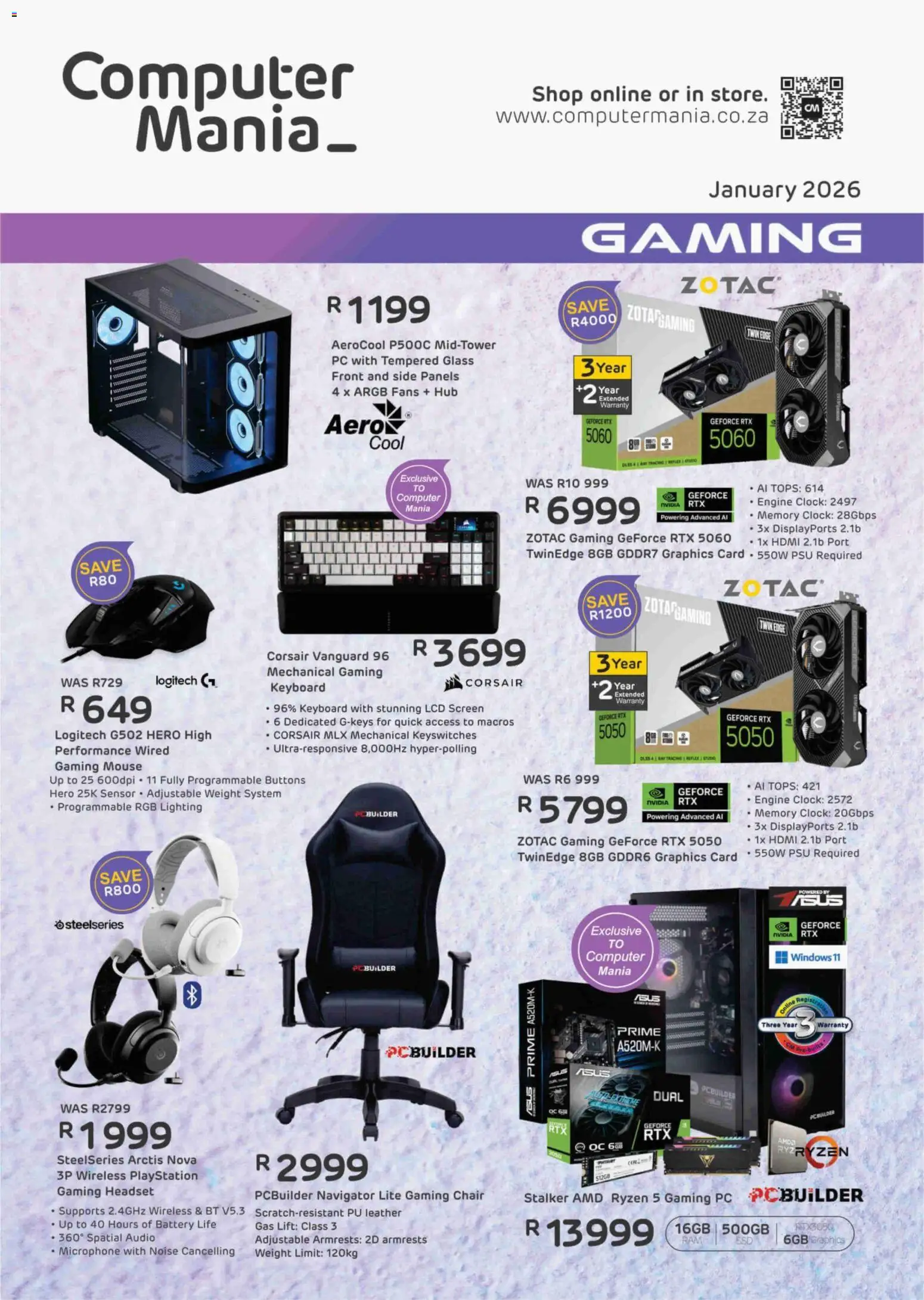 New Computer Mania catalogue – valid from 01.01.2026 | Page: 1 | Products: Headset, Mouse, Chair, Clock