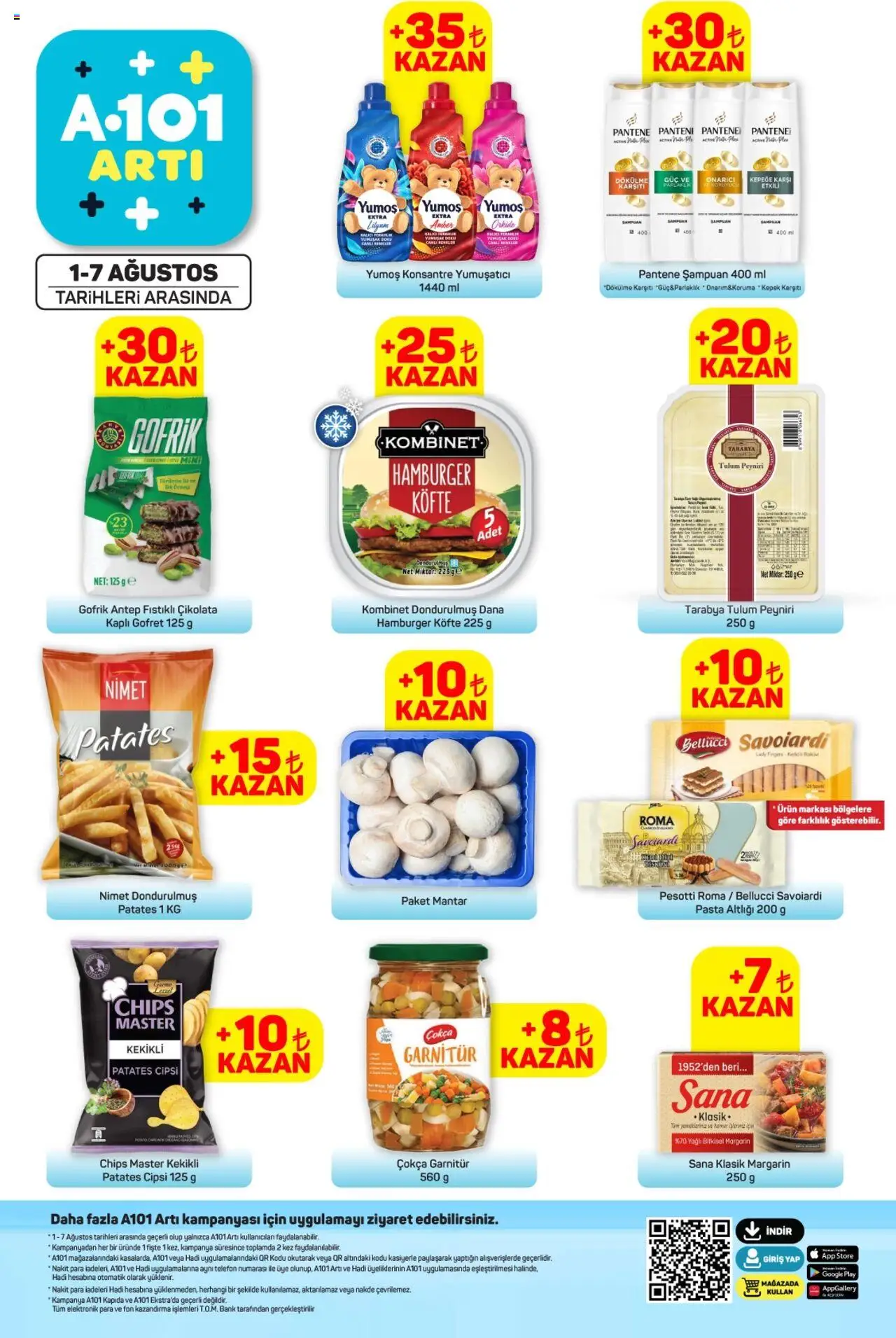 A101 Arti - 01.08.2025 tarihinden itibaren geçerlidir | Sayfa: 1 | Ürünler: Şampuan, Gofret, Patates, Mantar