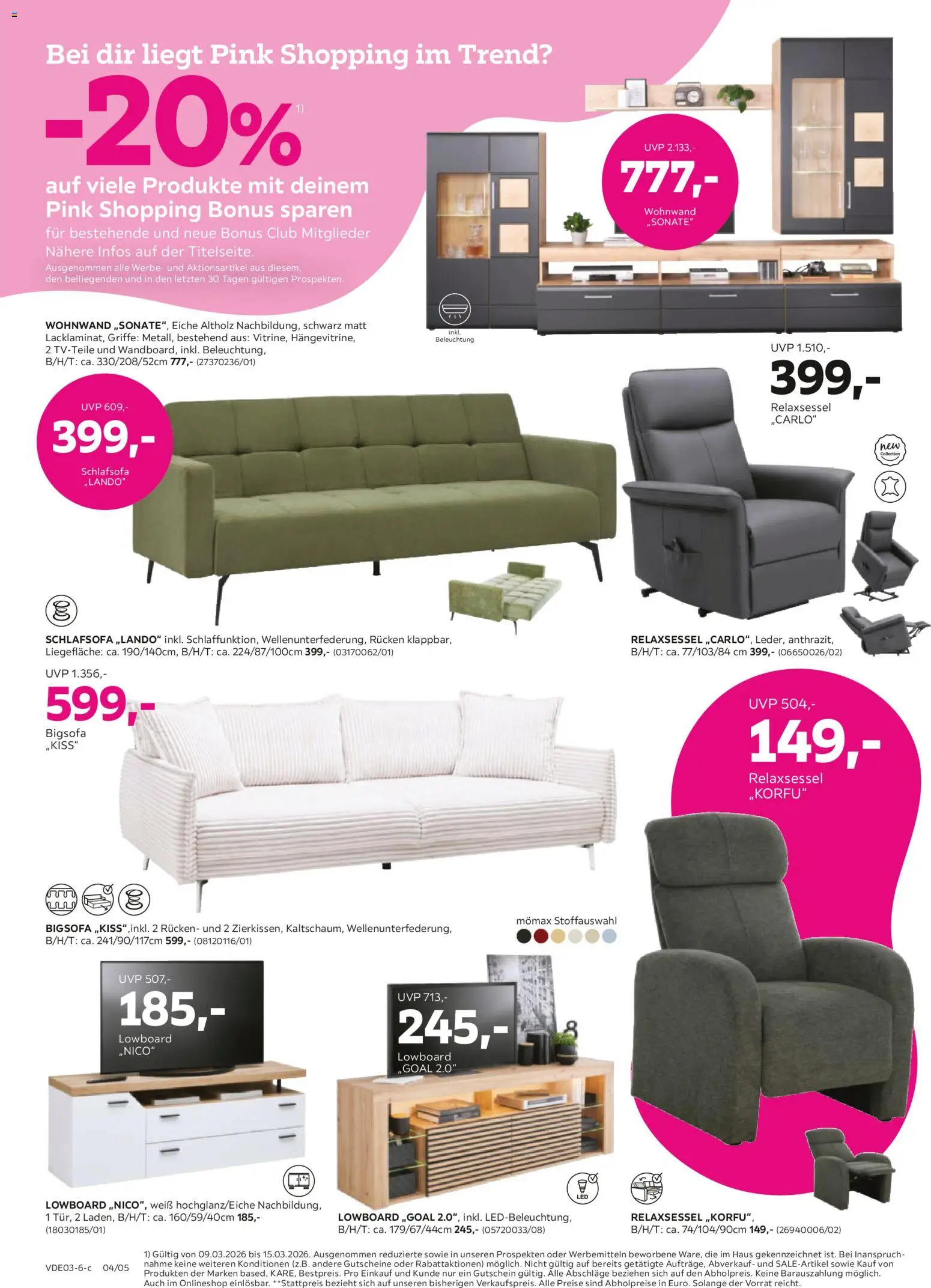 Mömax Prospekt 	 – gültig ab 09.03.2026 | Seite: 4 | Produkte: Schlafsofa, Relaxsessel, Wohnwand, Lowboard