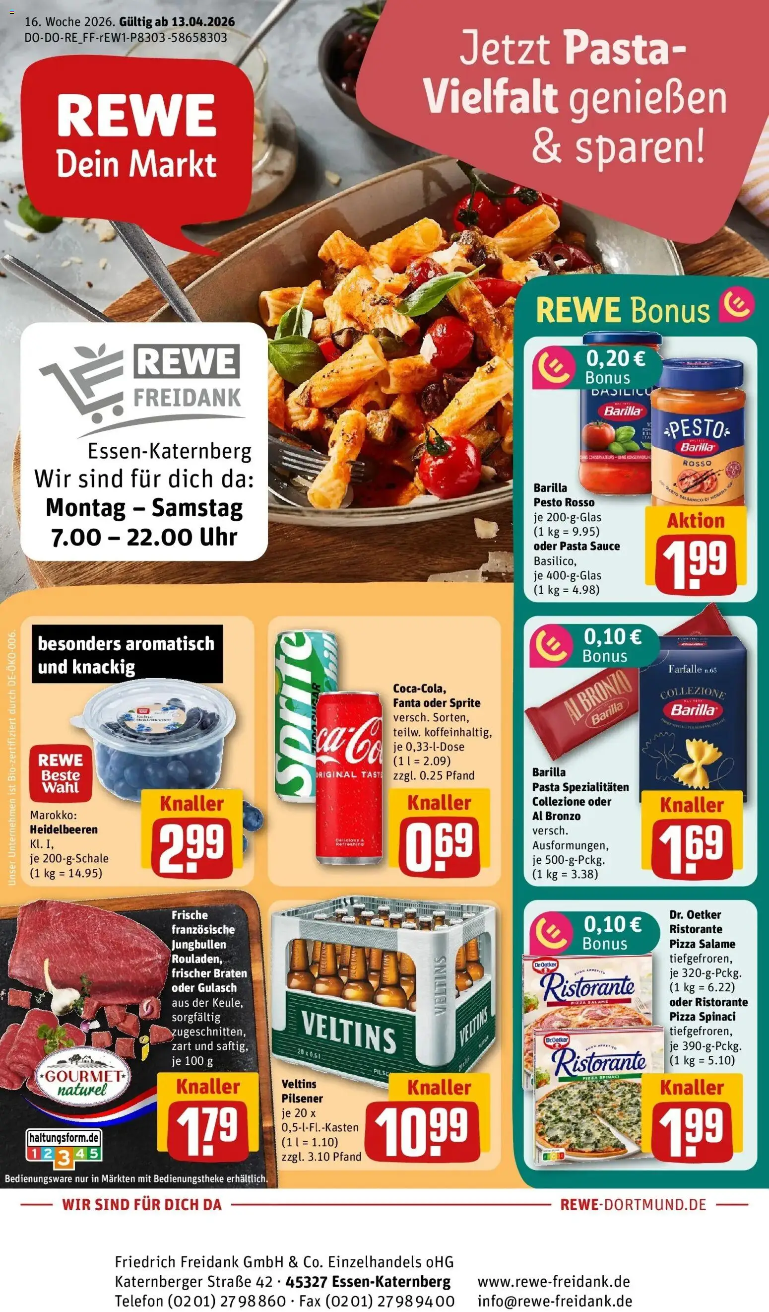 Rewe Prospekt Essen	 – gültig ab 13.04.2026 | Seite: 1 | Produkte: Barilla, Gulasch, Pizza, Veltins