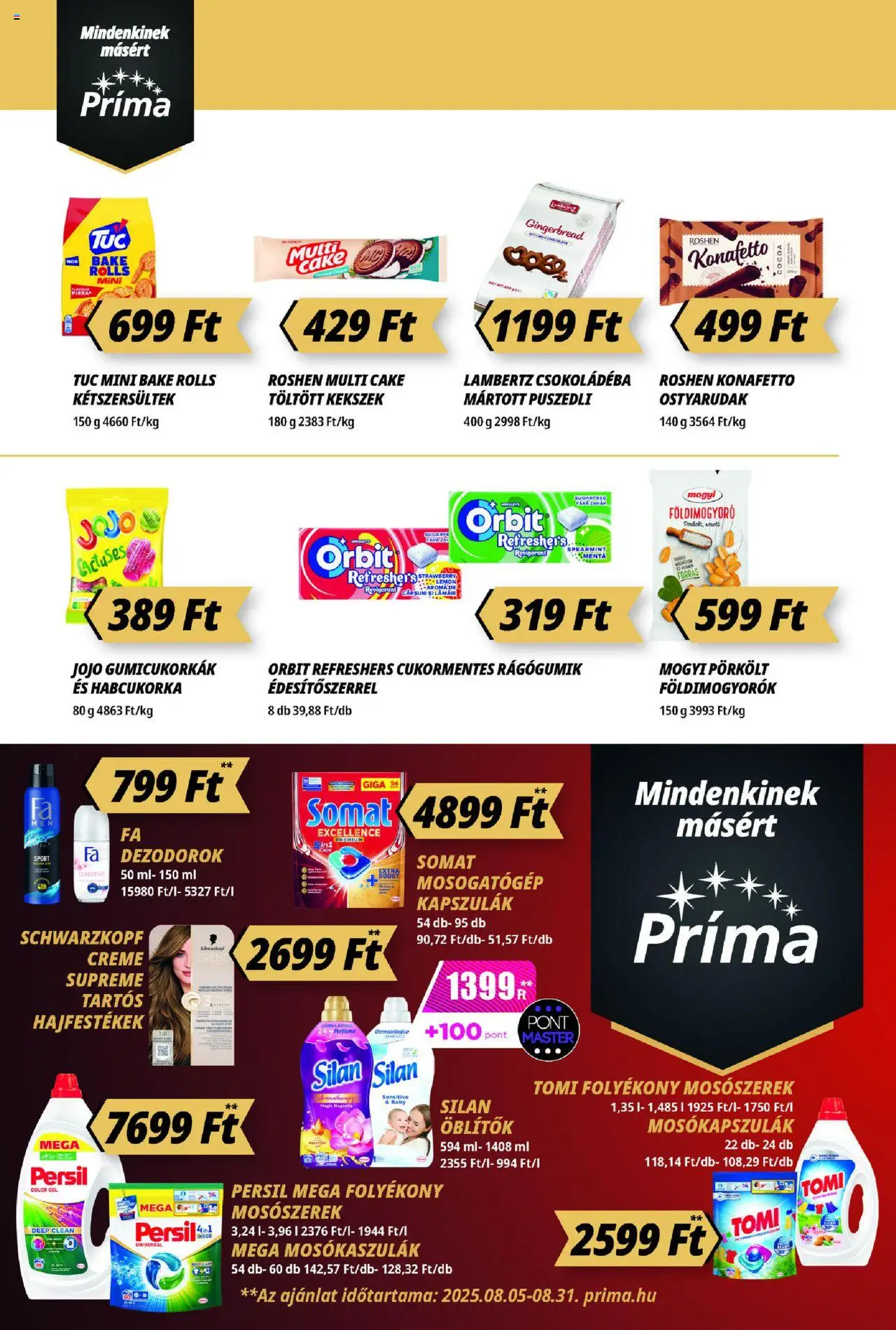 CBA Príma akciós ujság - amely érvényes a következő dátumtól: 14.08.2025 | Oldal: 8 | Termékek: Somat, Puszedli, Mosószerek, Kekszek
