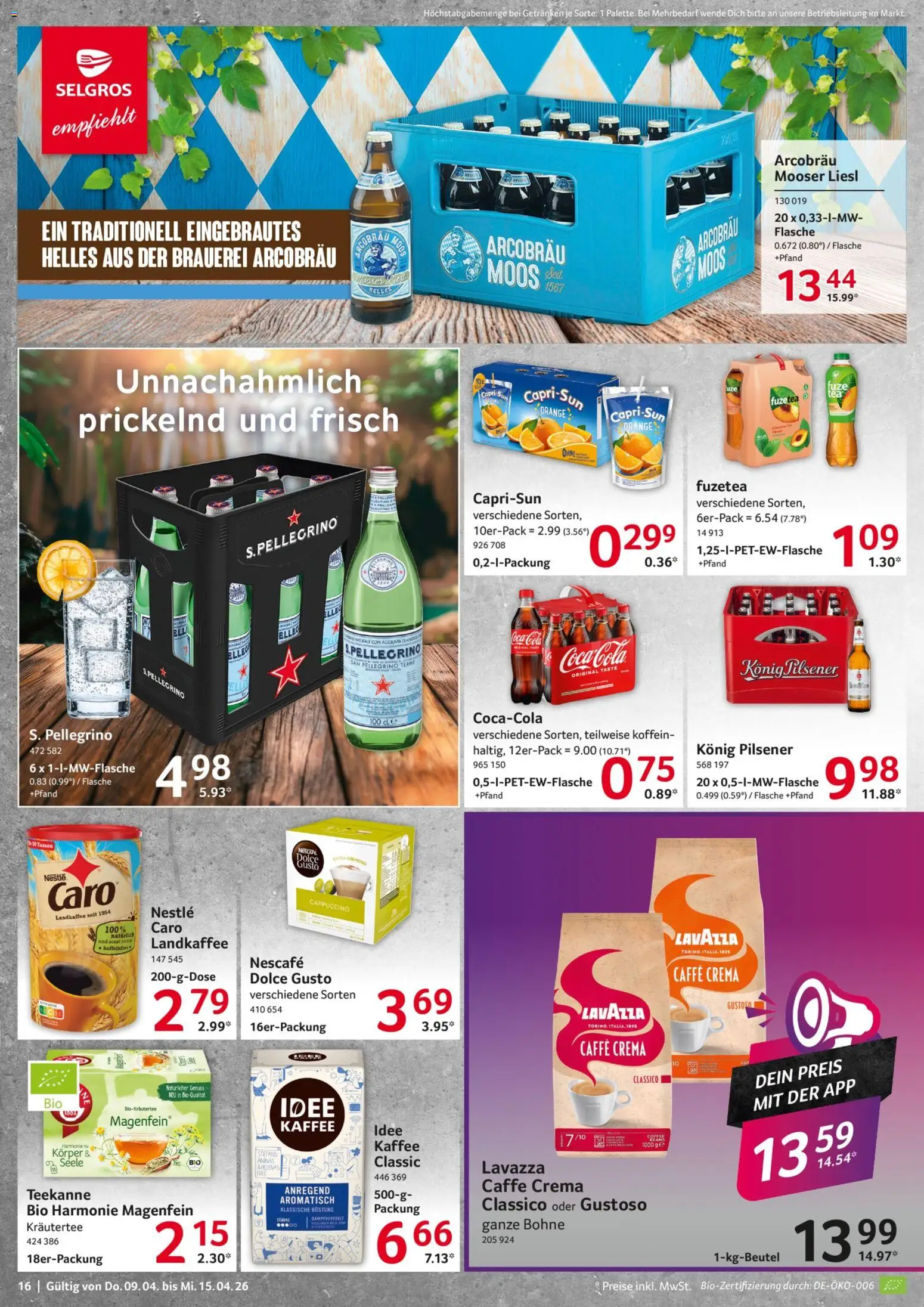 Selgros Prospekt 	 – gültig ab 09.04.2026 | Seite: 16 | Produkte: Konig pilsener, Kaffee, Teekanne, Dolce gusto