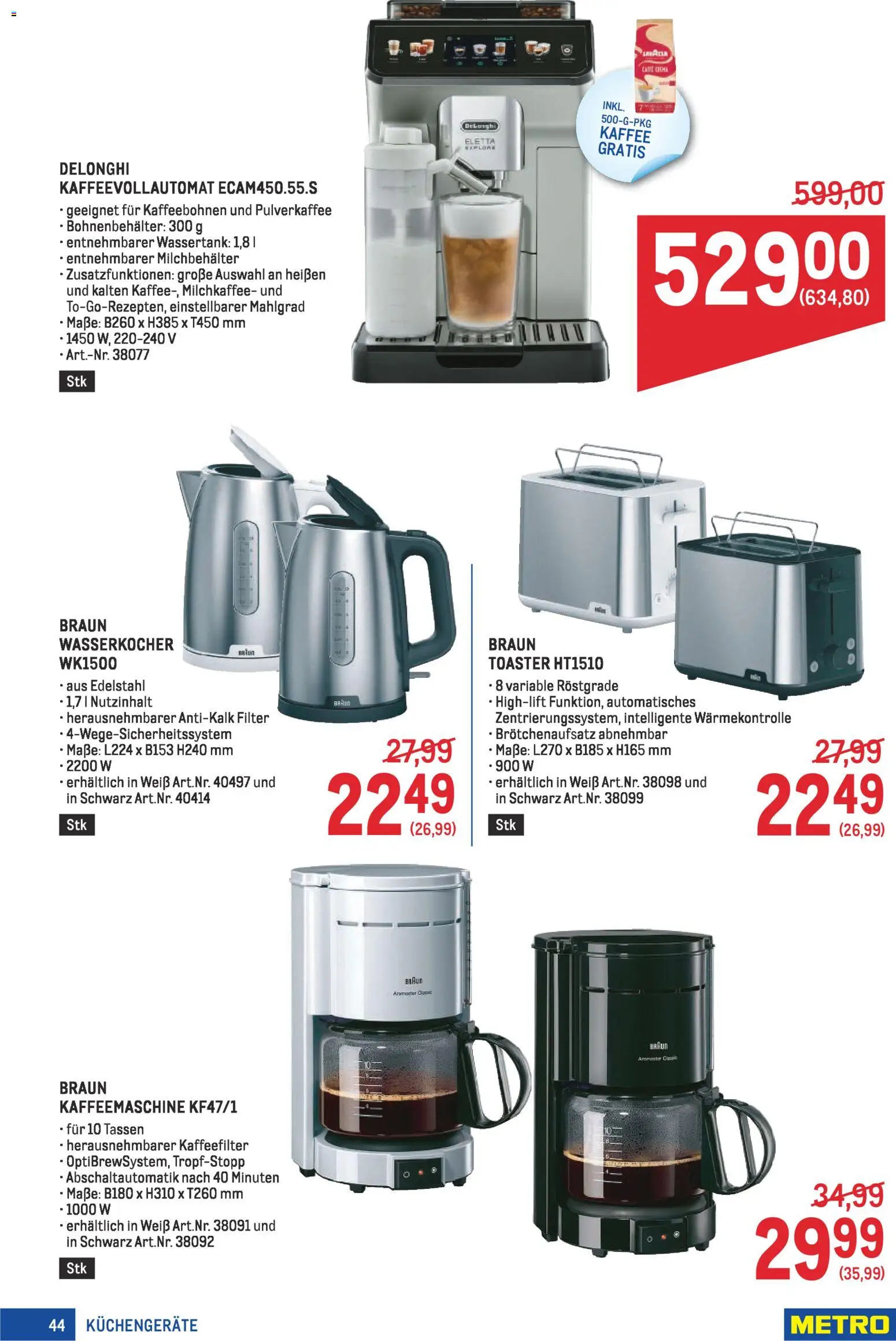 Metro Profi gültig ab 22.01.2026 | Seite: 44 | Produkte: Kaffeemaschine, Wasserkocher, Toaster, Kaffee