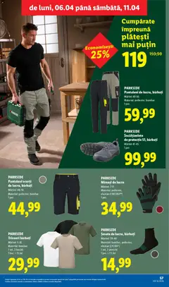 Ofertele Lidl valabile de la 06.04.2026 | Pagină: 57 | Produse: Mănuși de lucru, Pantaloni, Pantaloni scurți, Șosete
