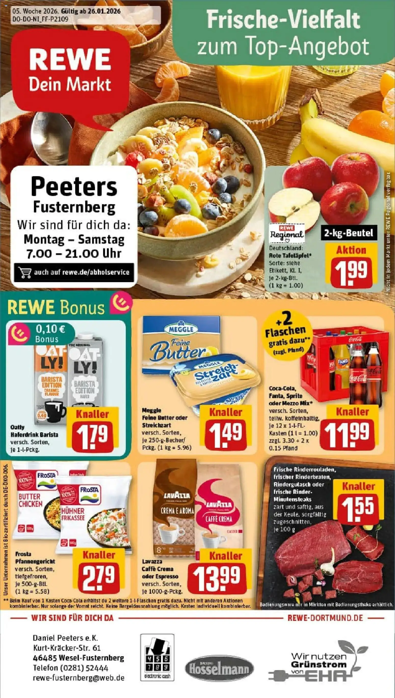 Rewe prospekt Wesel	 – gültig ab 26.01.2026 | Seite: 1 | Produkte: Rindergulasch, Cola, Butter, Uhr