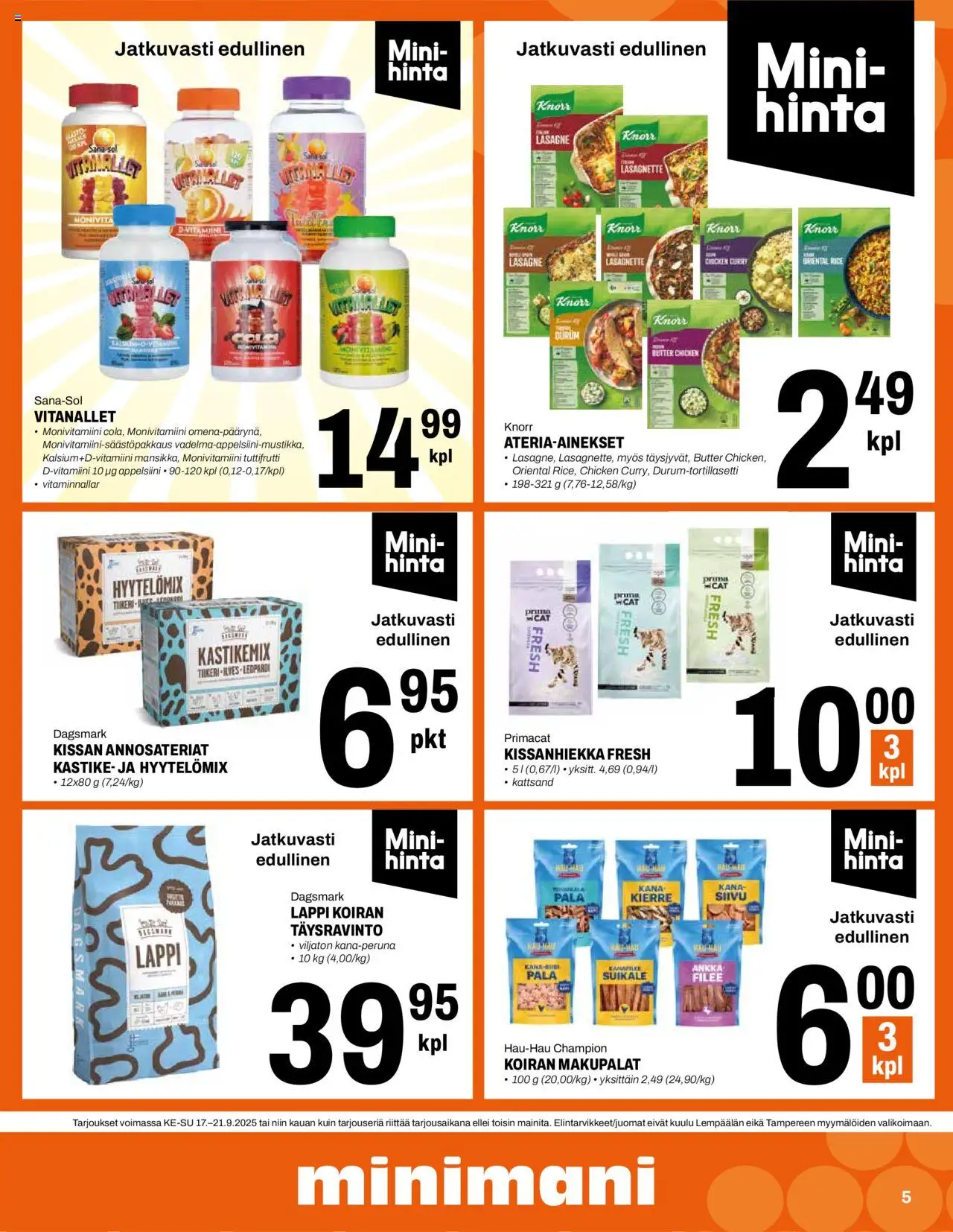 Minimani tarjoukset – voimassa 17.09.2025 alkaen | Sivu: 5 | Tuotteet: Kana, Curry, Kissanhiekka, Tuttifrutti