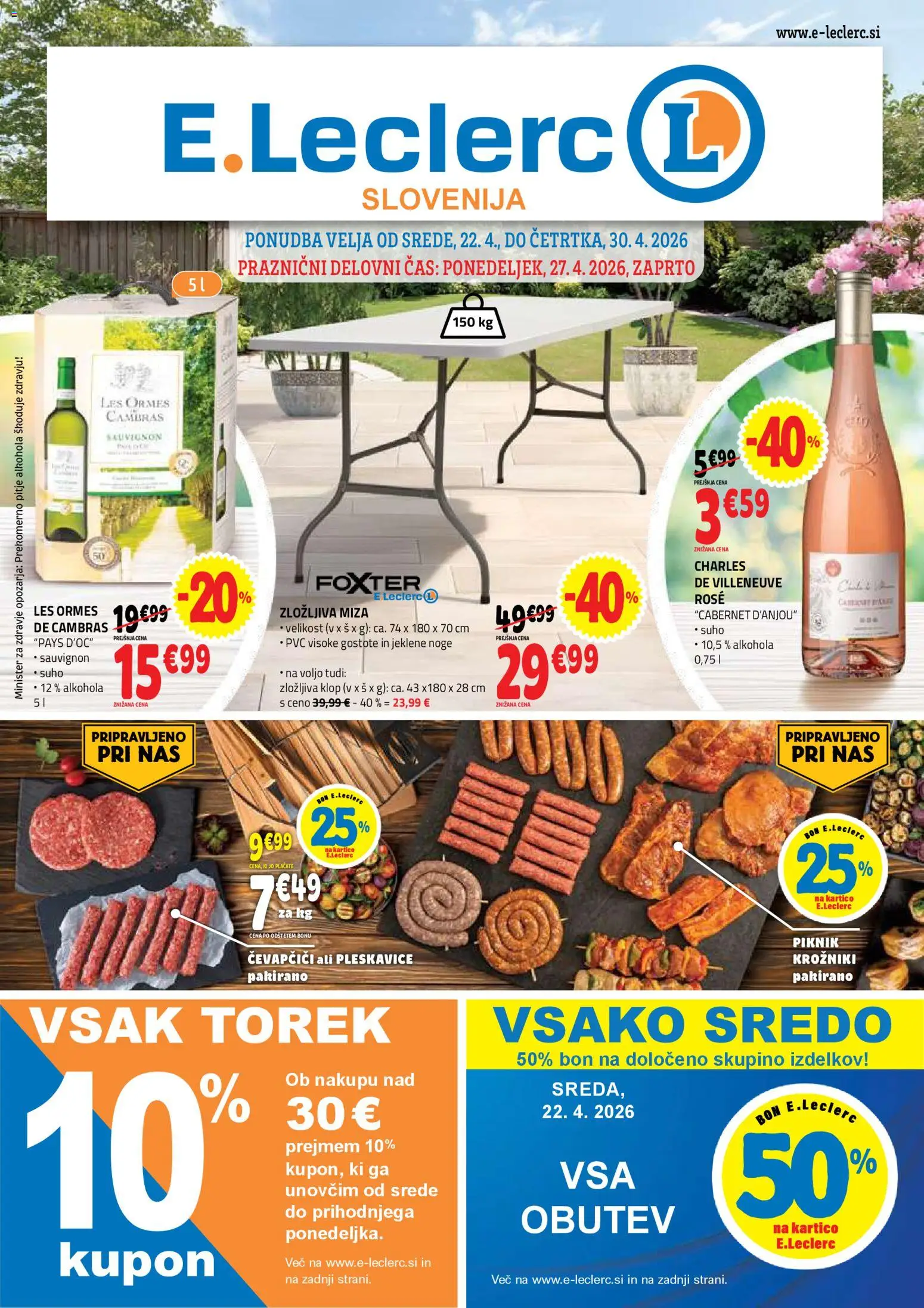 Novi E.leclerc katalog ponudbe – veljaven od 22.04.2026 | Stran: 1 | Izdelki: Čevapčiči, Miza, Pleskavice