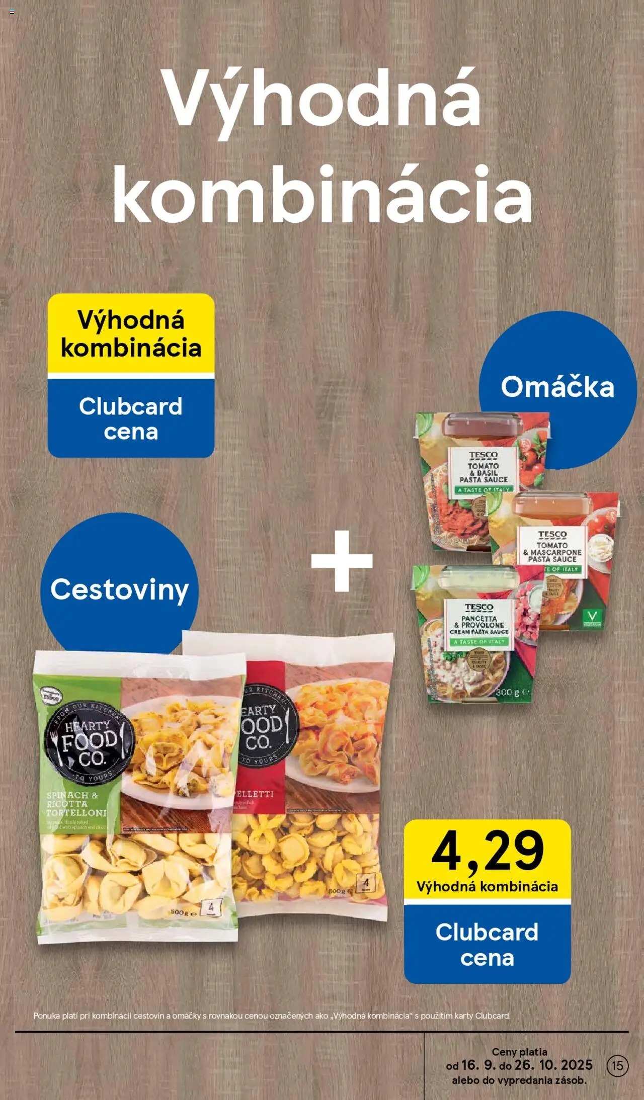 Nové Tesco akcie – leták je platný od 01.10.2025 | Strana: 15 | Produkty: Cestoviny, Omáčka, Mascarpone