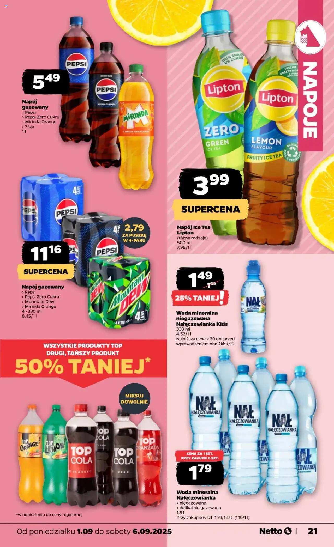 Netto gazetka - Spożywcza od 01.09.2025 | Strona: 21 | Produkty: Woda mineralna Nałęczowianka, Napoje, Pepsi, Woda