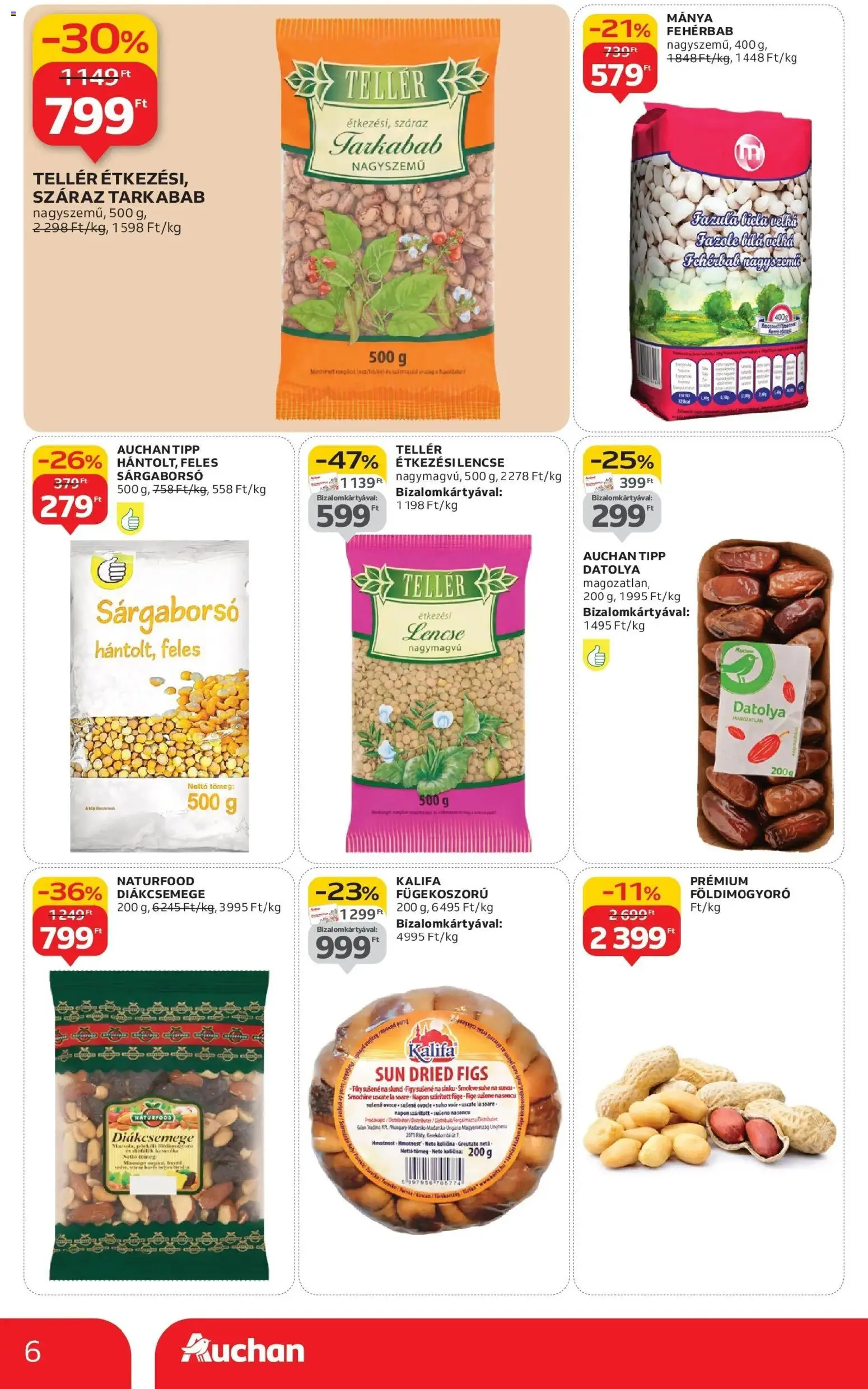 Auchan akciós ujság - amely érvényes a következő dátumtól: 15.01.2026 | Oldal: 6 | Termékek: Datolya, Diákcsemege, Füge, Földimogyoró