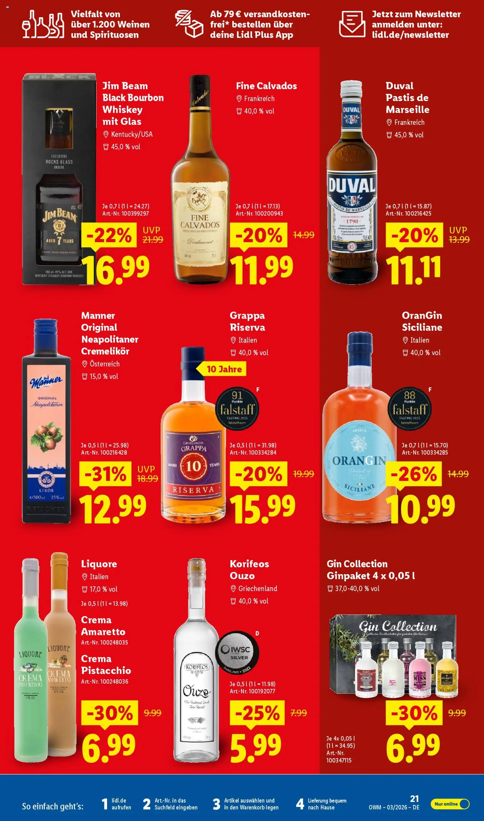 Lidl Německo leták - März od 01.03.2026 | Strana: 21 | Produkty: Amaretto, Bourbon, Ouzo, Calvados