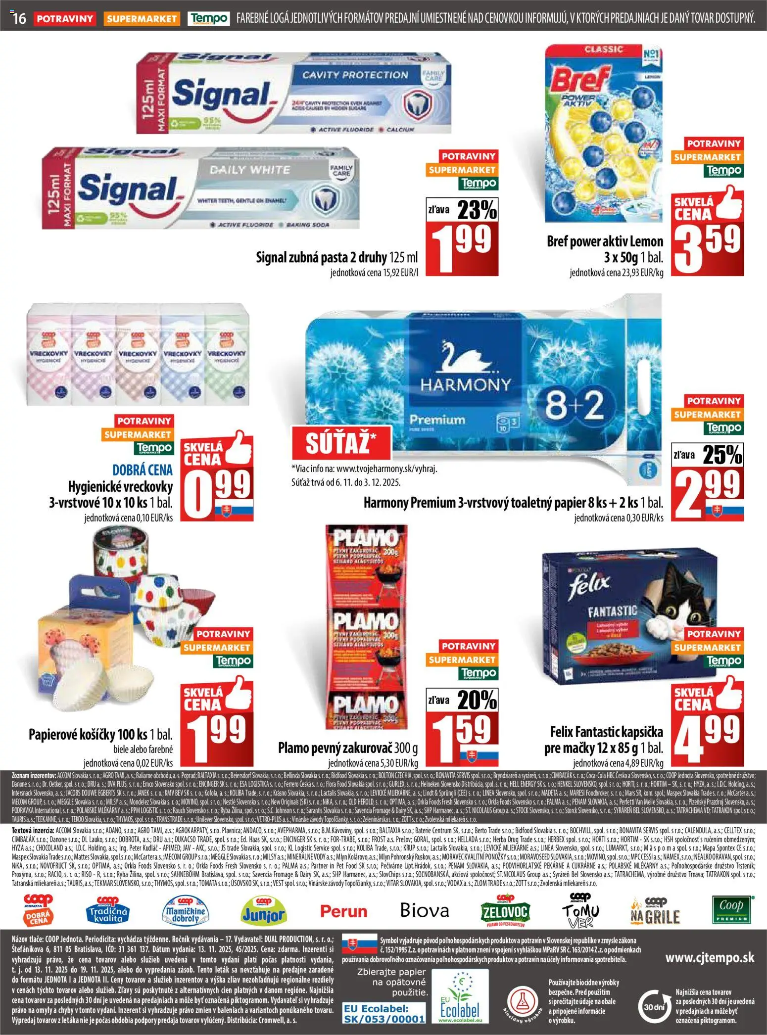 Nové COOP Jednota akcie – leták je platný od 13.11.2025 | Strana: 16 | Produkty: Lindt, Ryba, Ponožky, Flora
