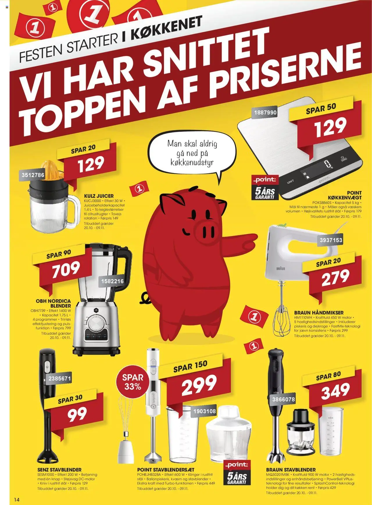 Punkt1 tilbudsavis – gyldig fra 20.10.2025 | Side: 14 | Produkter: Kværn, Køkkenvægt, Piskeris, Juicer