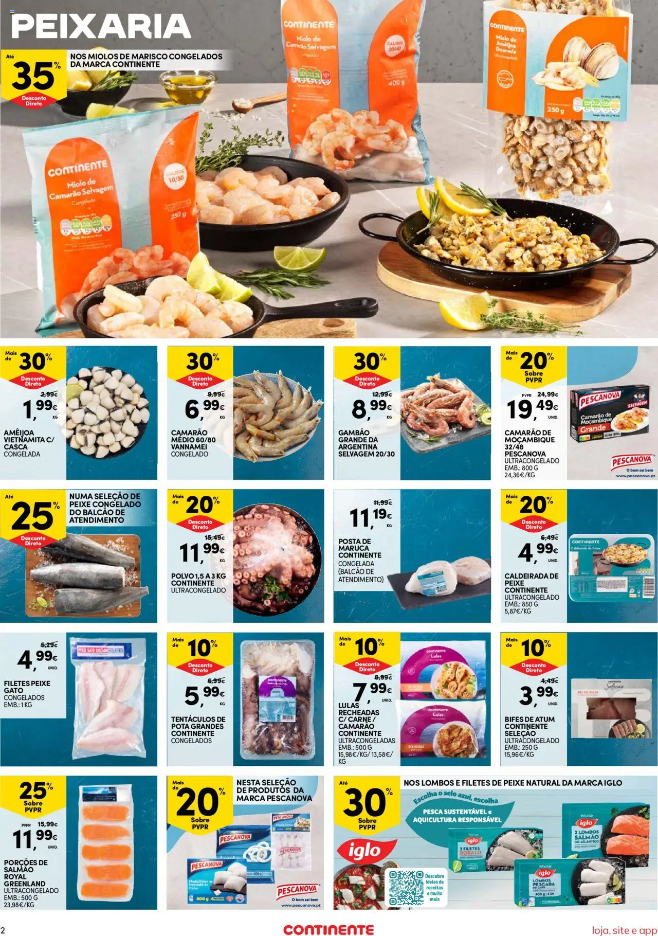 Continente Semanal Continente Bom Dia │ válido de 21.10.2025 | Página: 2 | Produtos: Lulas, Camarão, Salmão, Carne