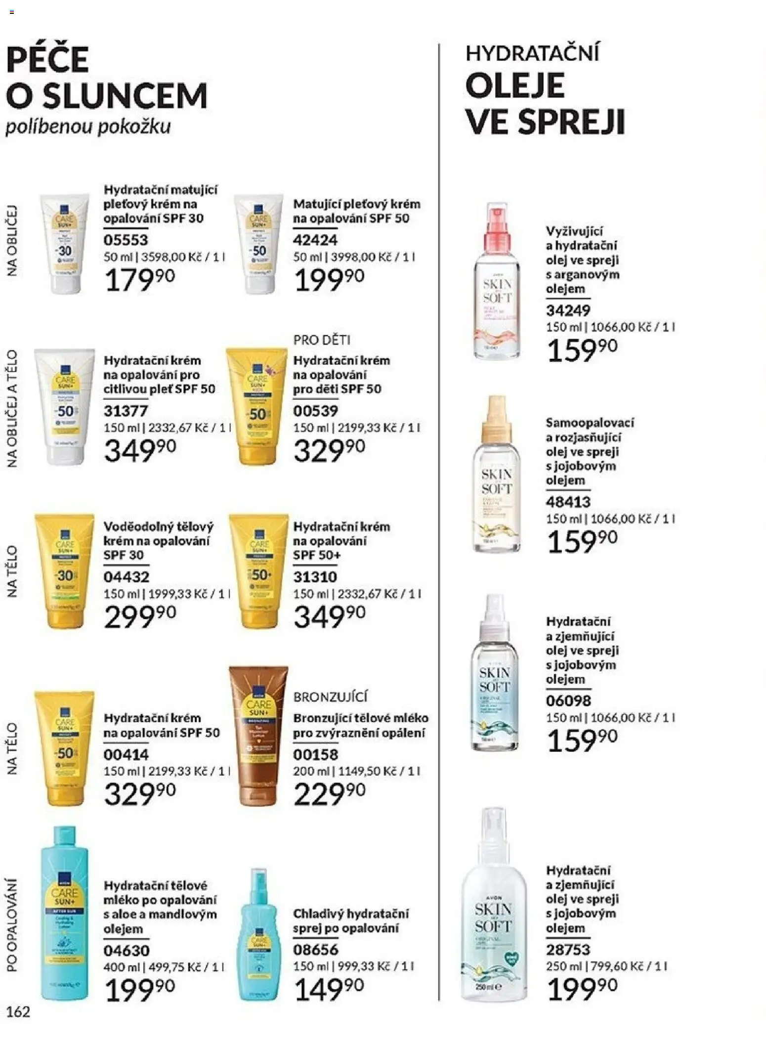 Avon katalog 1/2026 od 01.01.2026 | Strana: 162 | Produkty: Mléko, Hydratační krém, Krém na opalování, Olej ve spreji