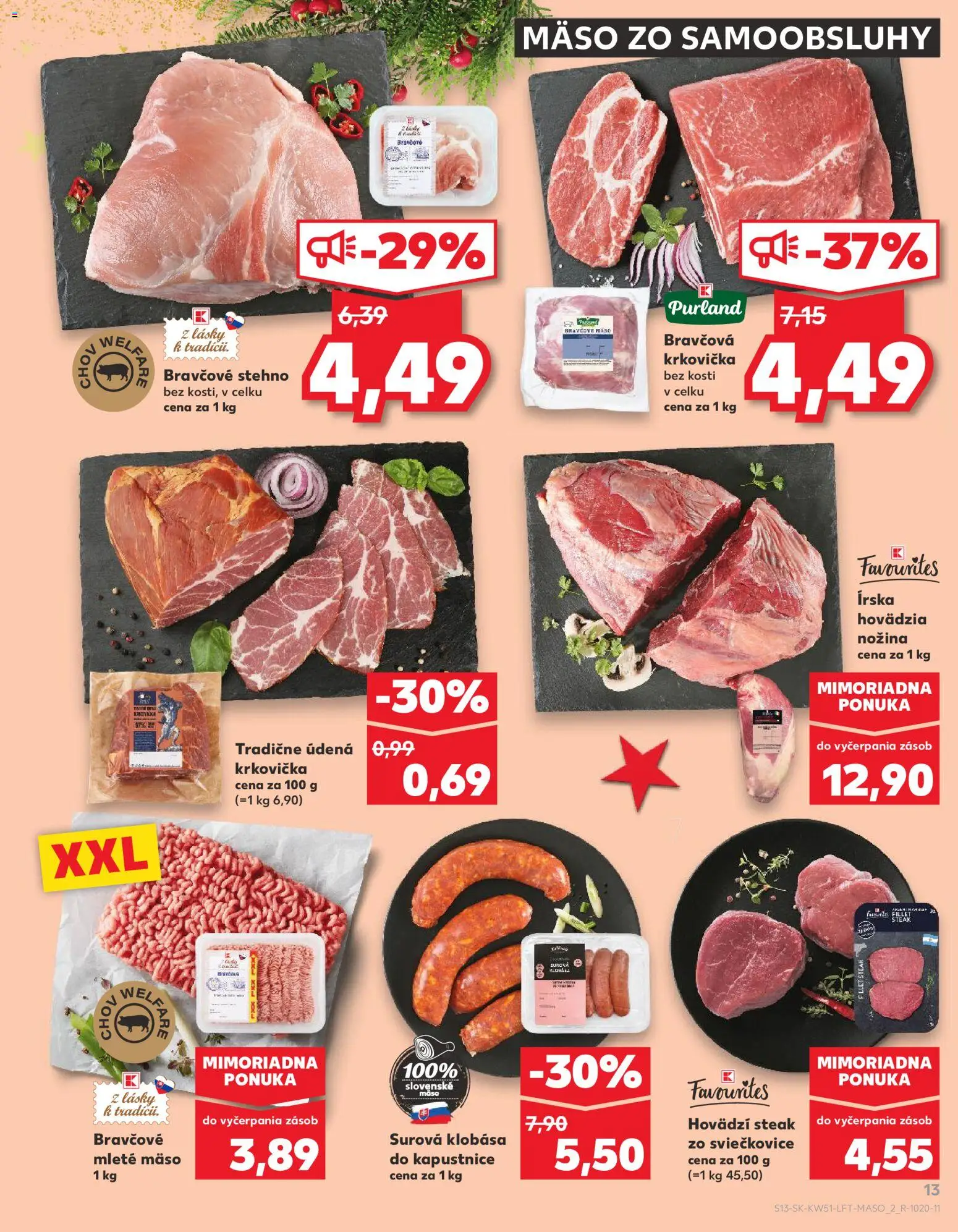 Nové Kaufland akcie – leták je platný od 18.12.2025 | Strana: 13 | Produkty: Klobása, Bravčová krkovička, Bravčové stehno, Steak