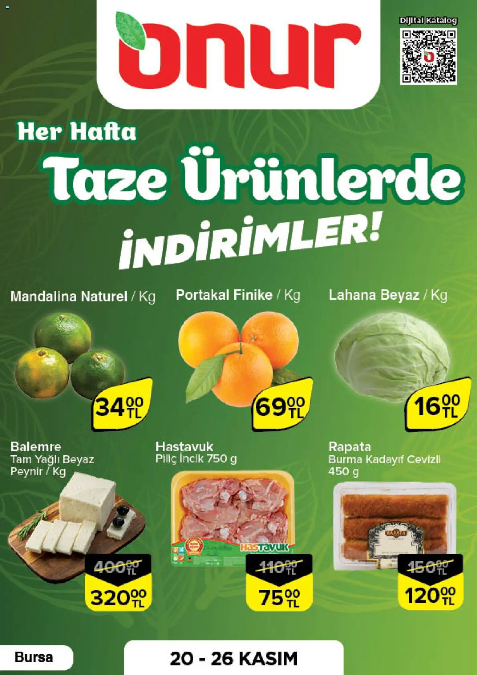 Onur Market Katalog Gurme - Bursa - 20.11.2025 tarihinden itibaren geçerlidir | Sayfa: 1 | Ürünler: Peynir, Portakal, Mandalina, Lahana