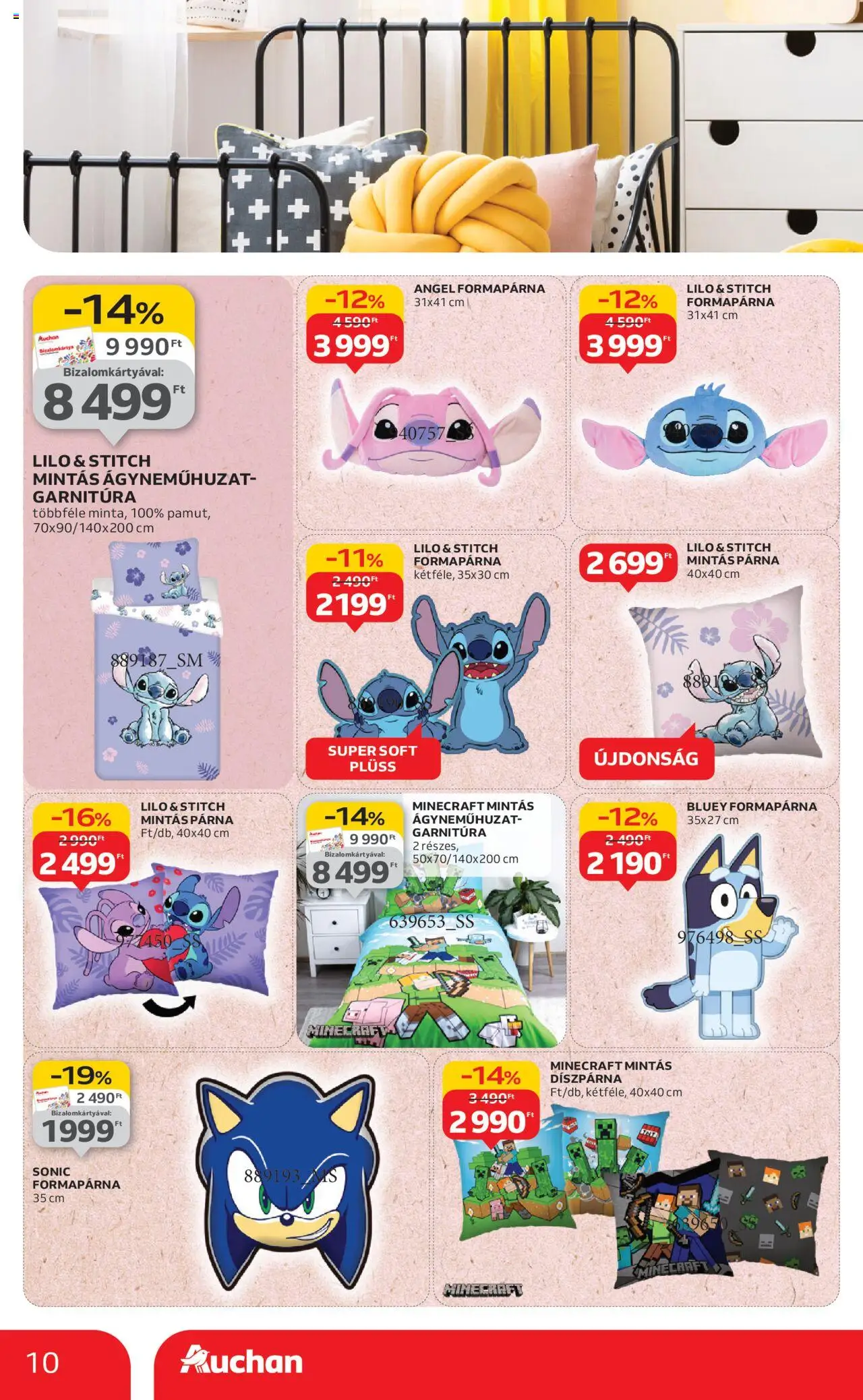 Auchan akciós ujság - amely érvényes a következő dátumtól: 21.08.2025 | Oldal: 10 | Termékek: Plüss, Párna, Ágyneműhuzat, Díszpárna
