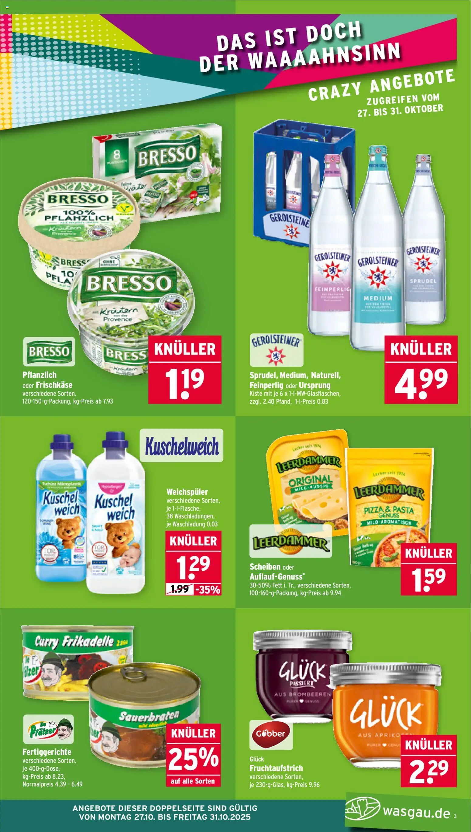 Wasgau Prospekt 	 – gültig ab 27.10.2025 | Seite: 3 | Produkte: Weichspüler, Pizza, Frischkase, Gerolsteiner