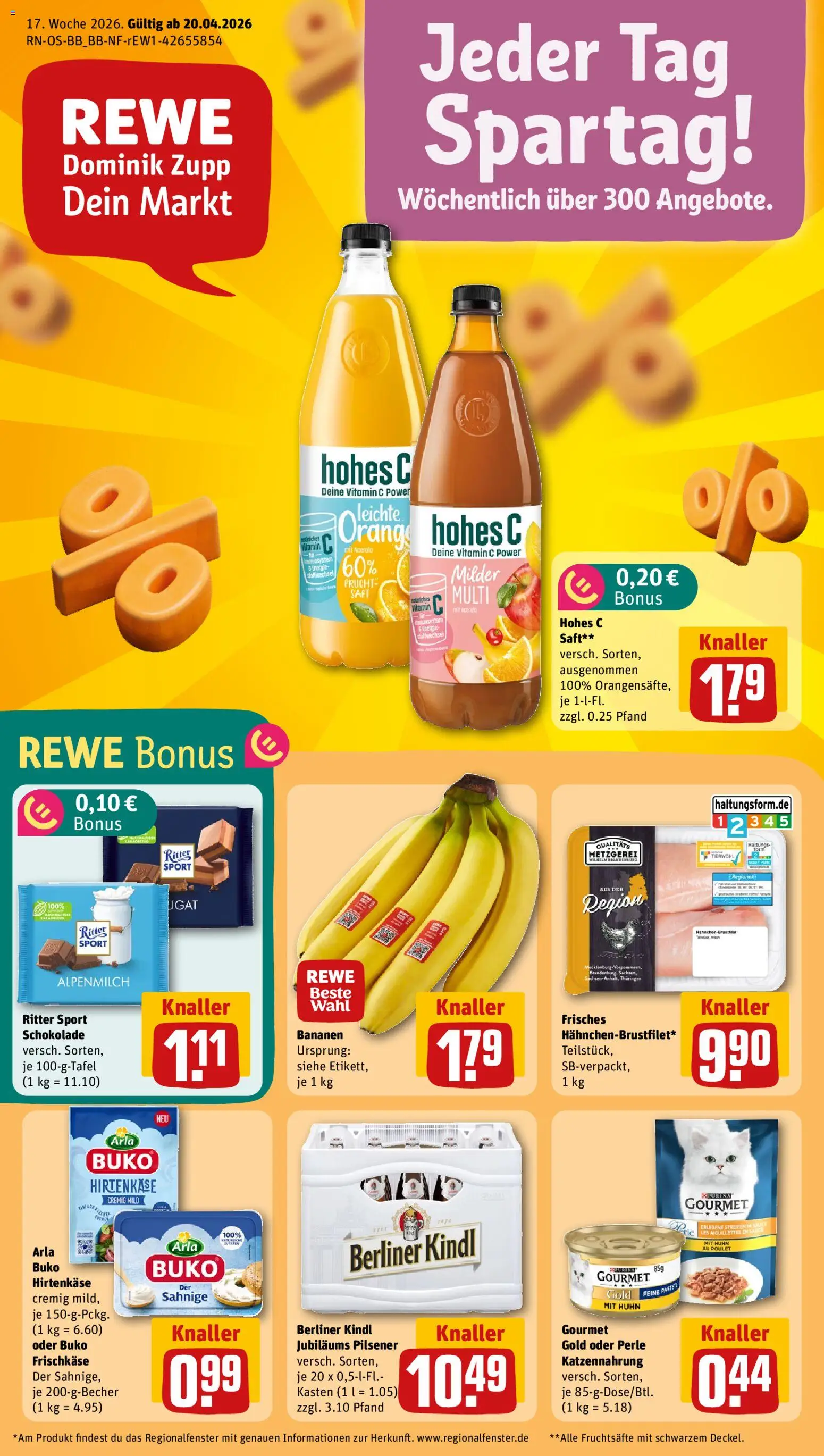 Rewe Prospekt 	 – gültig ab 20.04.2026 | Seite: 1 | Produkte: Berliner, Hahnchen, Ritter sport, Arla buko