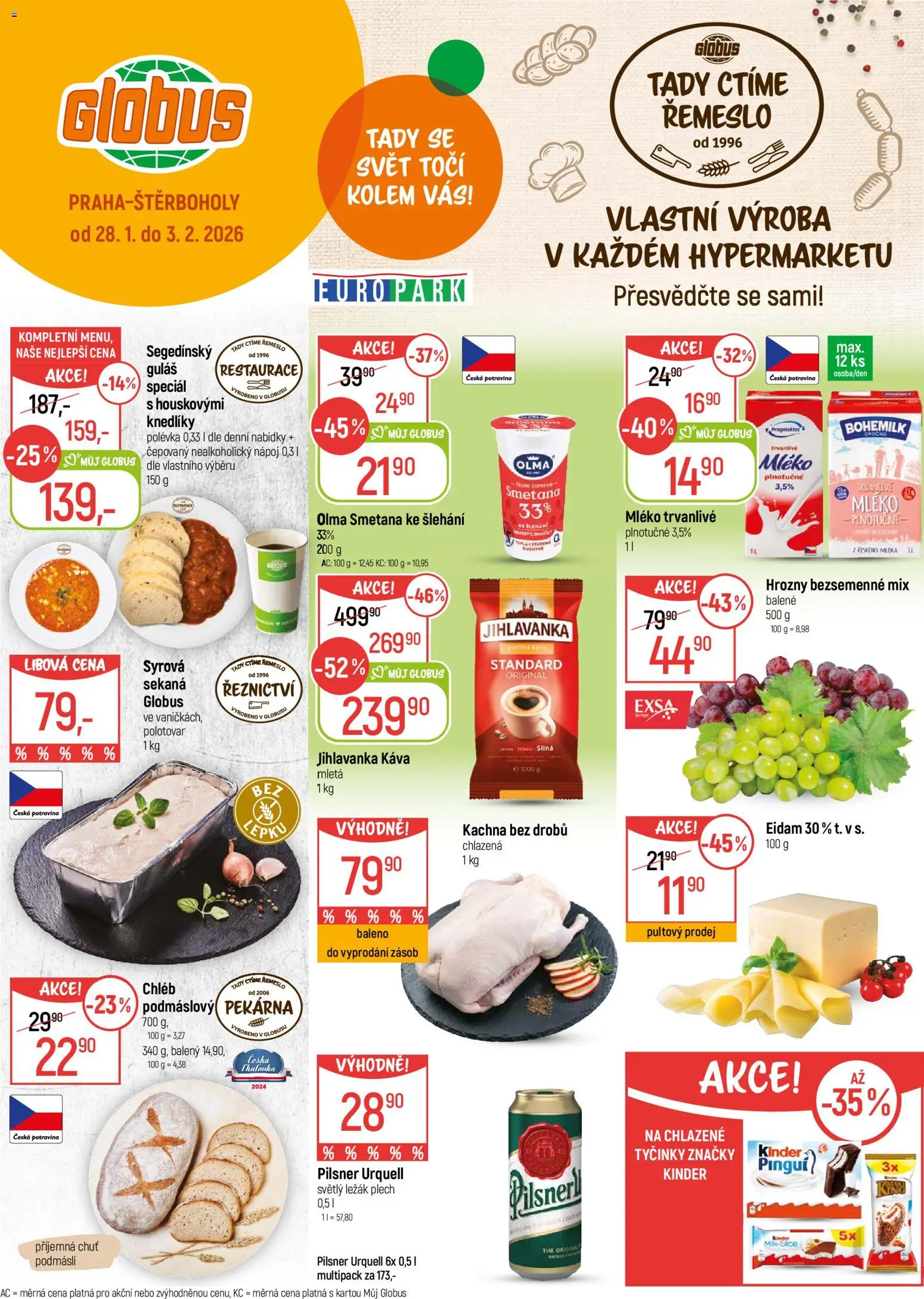 Globus leták - Praha-Štěrboholy od 28.01.2026 | Strana: 1 | Produkty: Sekaná, Eidam, Pilsner Urquell, Hrozny