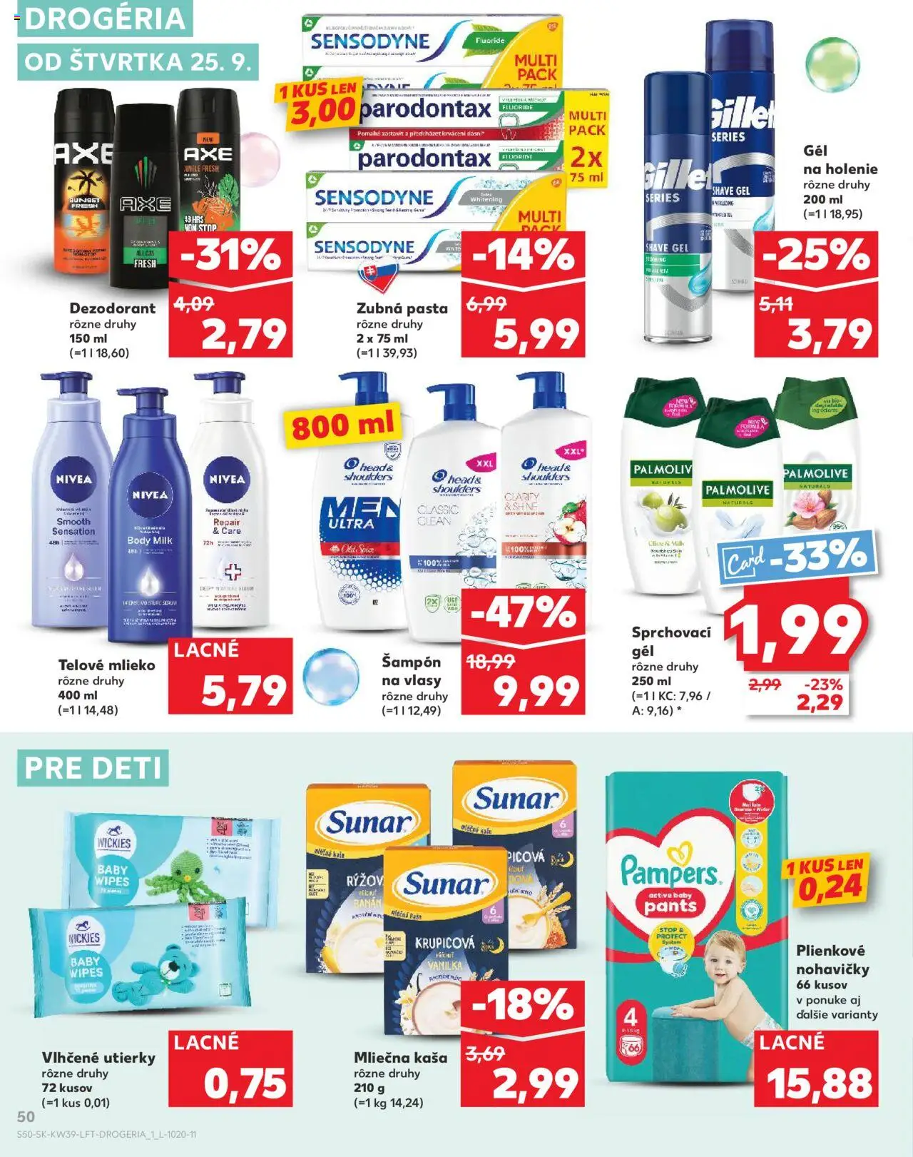 Nové Kaufland akcie – leták je platný od 25.09.2025 | Strana: 50 | Produkty: Mlieko, Sunar, Dezodorant, Nohavičky