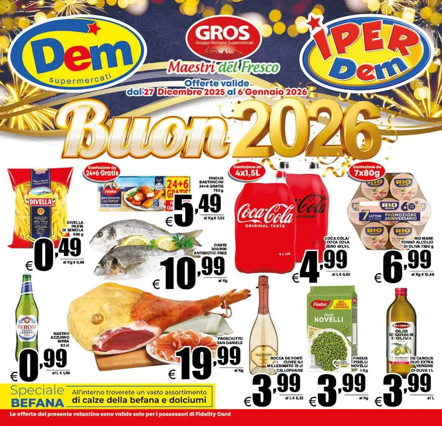 Volantino DEM del 27.12.2025 | Pagina: 1 | Prodotti: Birra, Olio, Prosciutto, Coca Cola