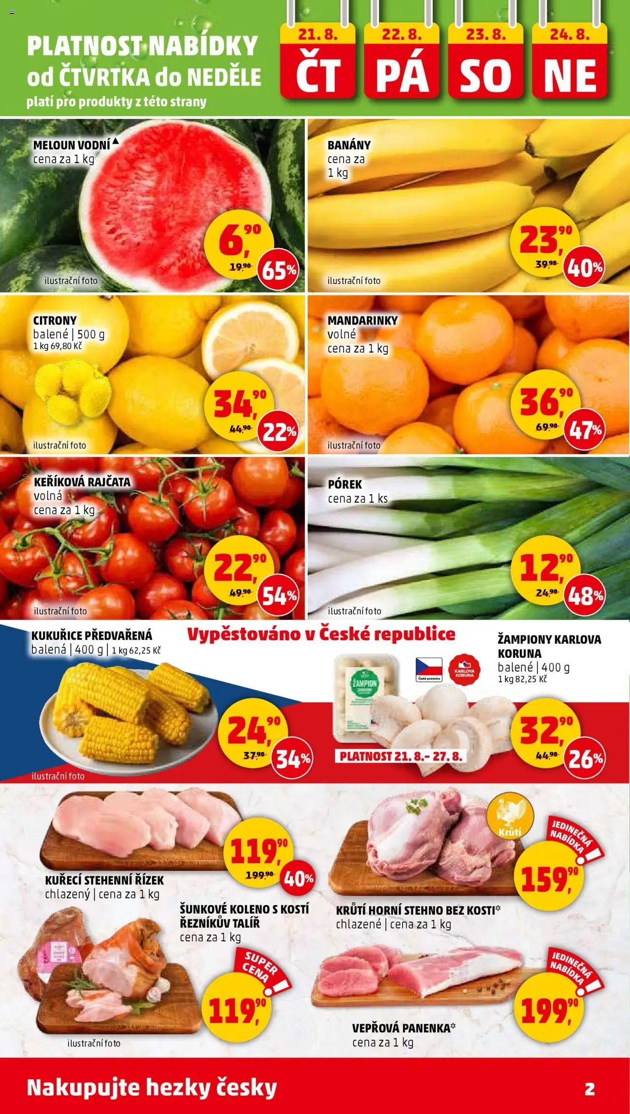 Penny Market leták - Čtvrtečník od 21.08.2025 | Strana: 2 | Produkty: Meloun, Banány, Mandarinky, Talíř