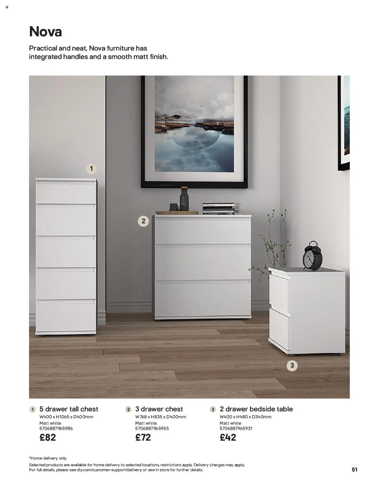  | Page: 51 | Products: Table, 5 drawer tall chest, Drawer chest, Bedside table