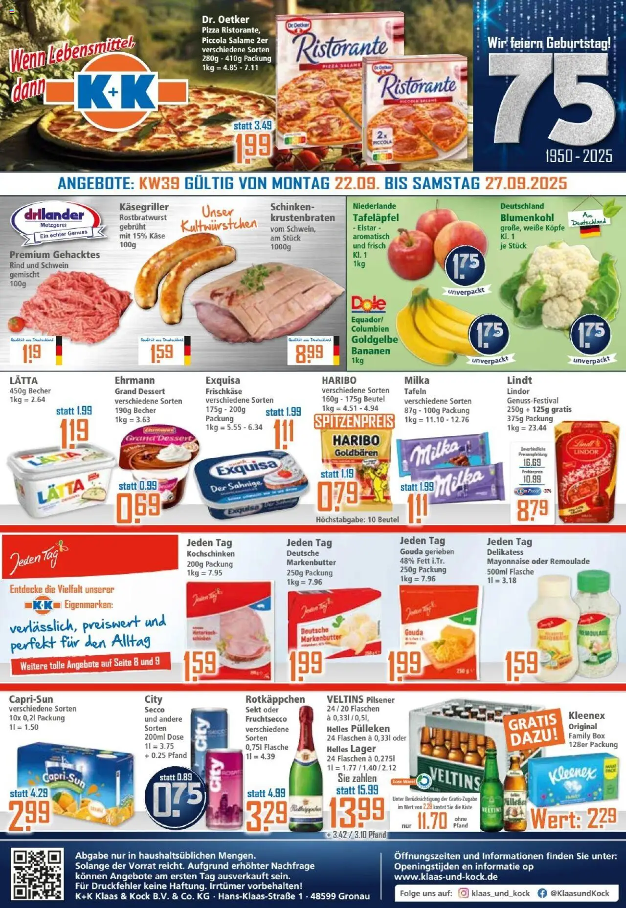 Klaas & Kock Prospekt – gültig ab 22.09.2025 | Seite: 1 | Produkte: Krustenbraten, Blumenkohl, Salami, Veltins