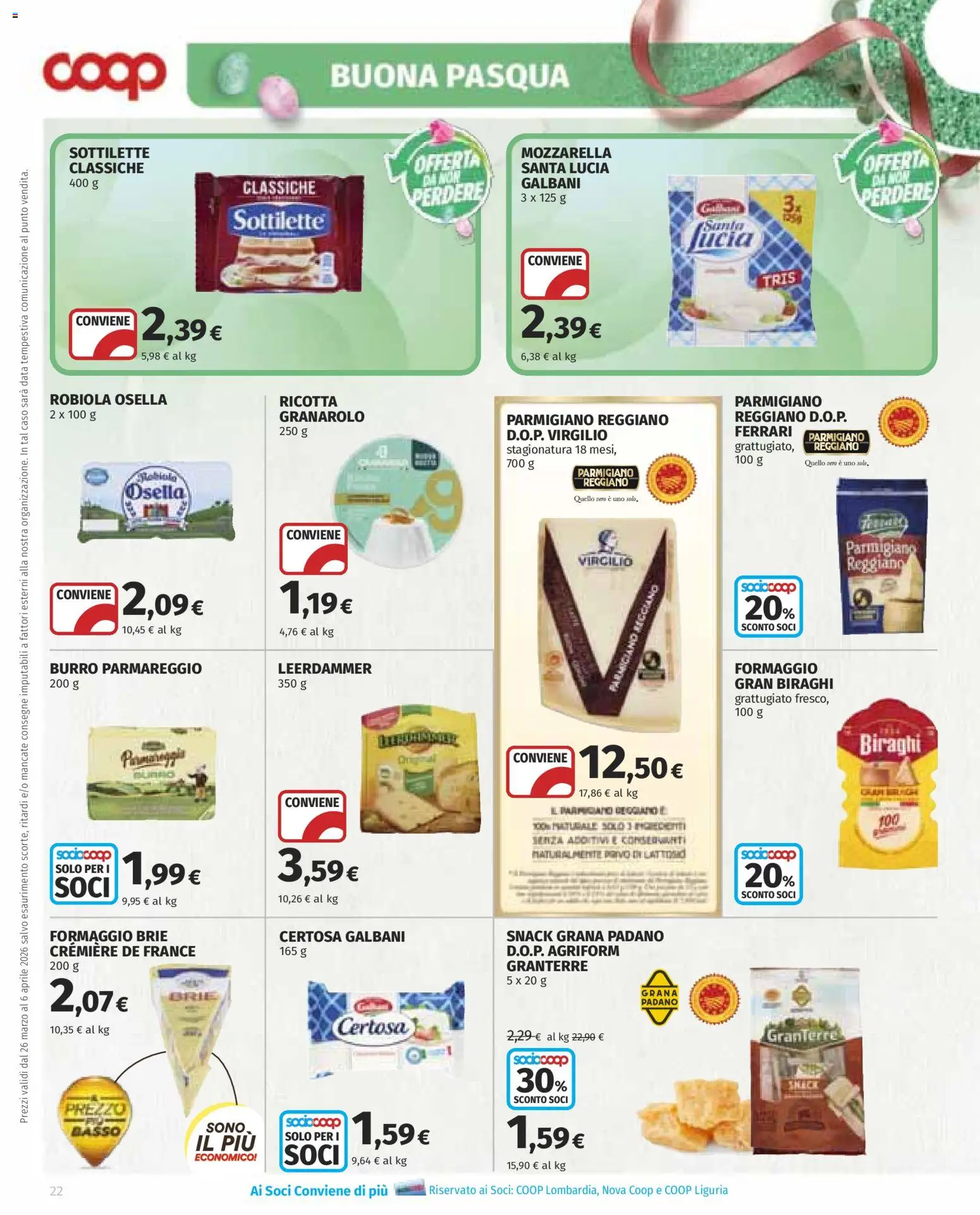 Volantino COOP del 26.03.2026 | Pagina: 22 | Prodotti: Mozzarella, Grana Padano, Ricotta, Robiola