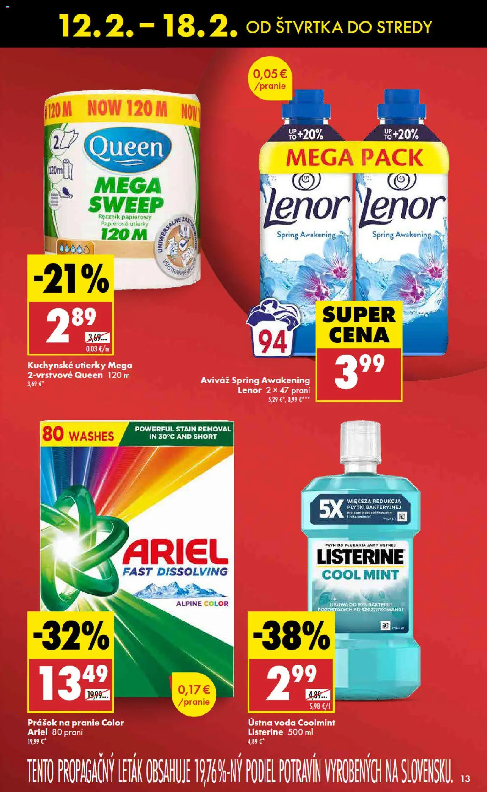 Nové Biedronka akcie – leták je platný od 12.02.2026 | Strana: 13 | Produkty: Ústna voda, Prášok na pranie, Ariel, Voda