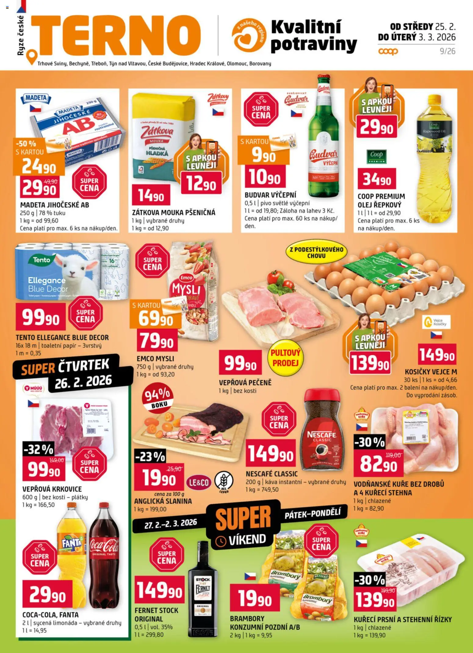 Terno leták od 25.02.2026 | Strana: 1 | Produkty: Budvar, Rýže, Mouka, Toaletní papír 3vrstvý
