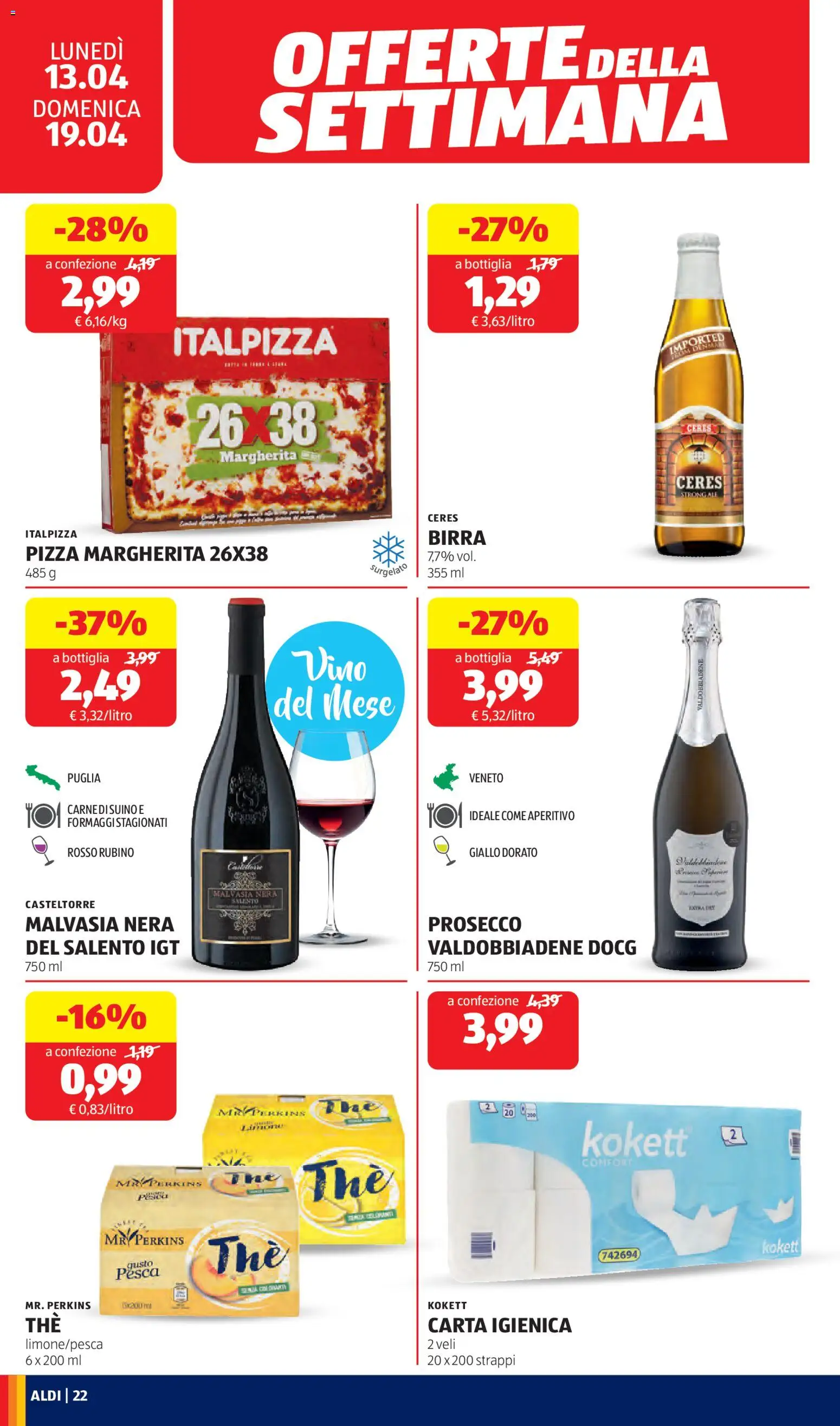 Volantino Aldi del 13.04.2026 | Pagina: 22 | Prodotti: Carta igienica, Pizza, Birra, The
