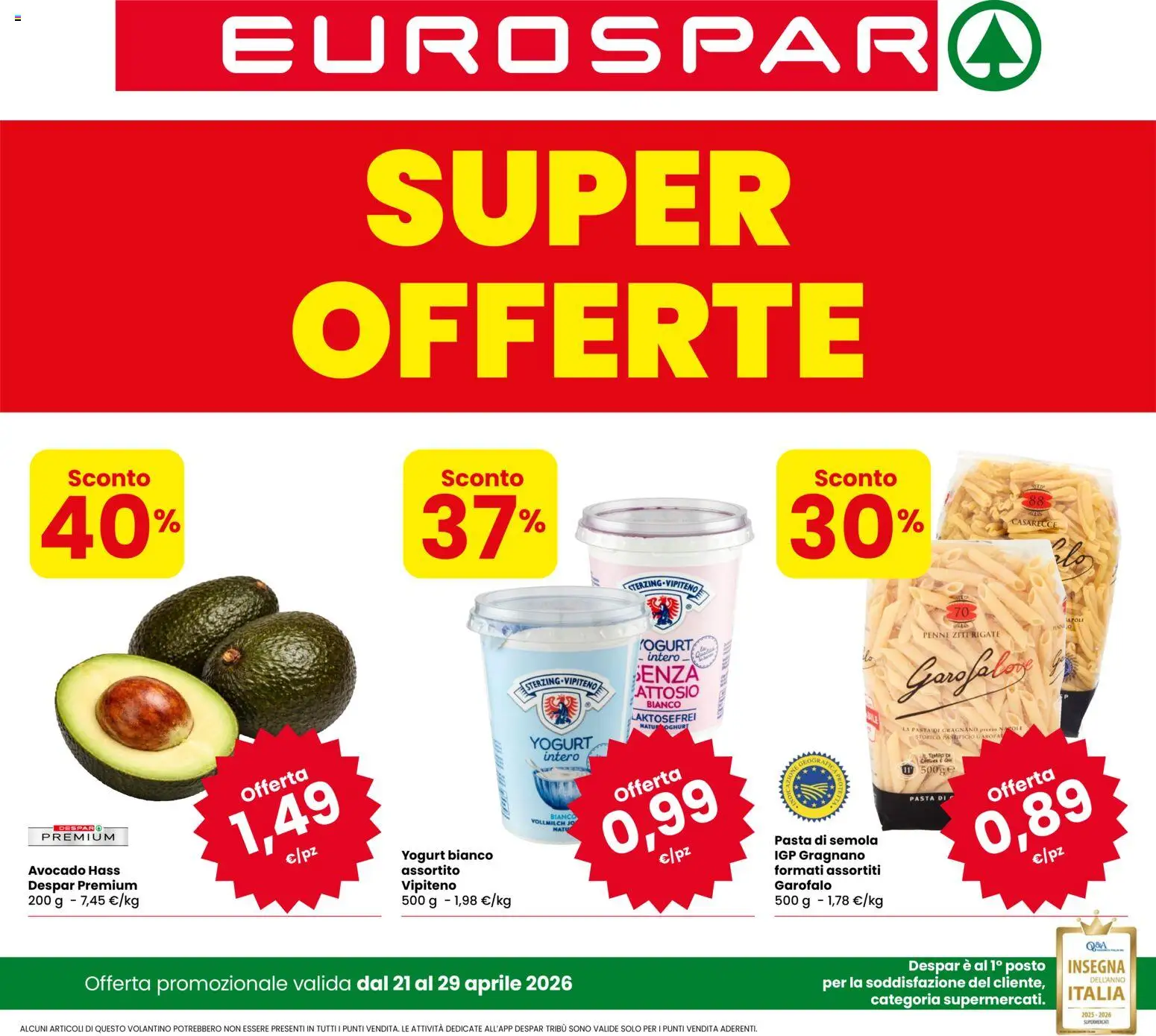 Volantino Eurospar del 21.04.2026 | Pagina: 1 | Prodotti: Yogurt, Avocado, Pasta, Penne